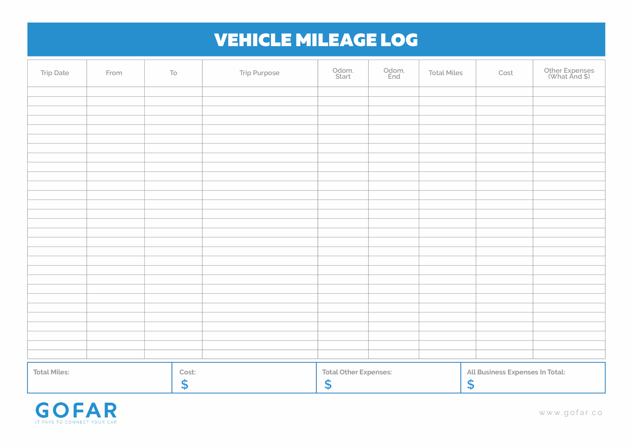 Download Free Printable IRS Mileage Tracking Templates GOFAR