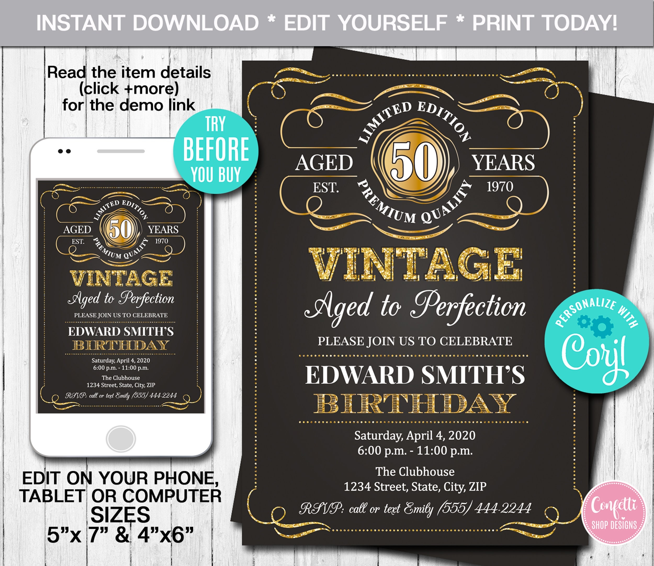 Editable Aged To Perfection Save The Date Template ANY AGE Gold