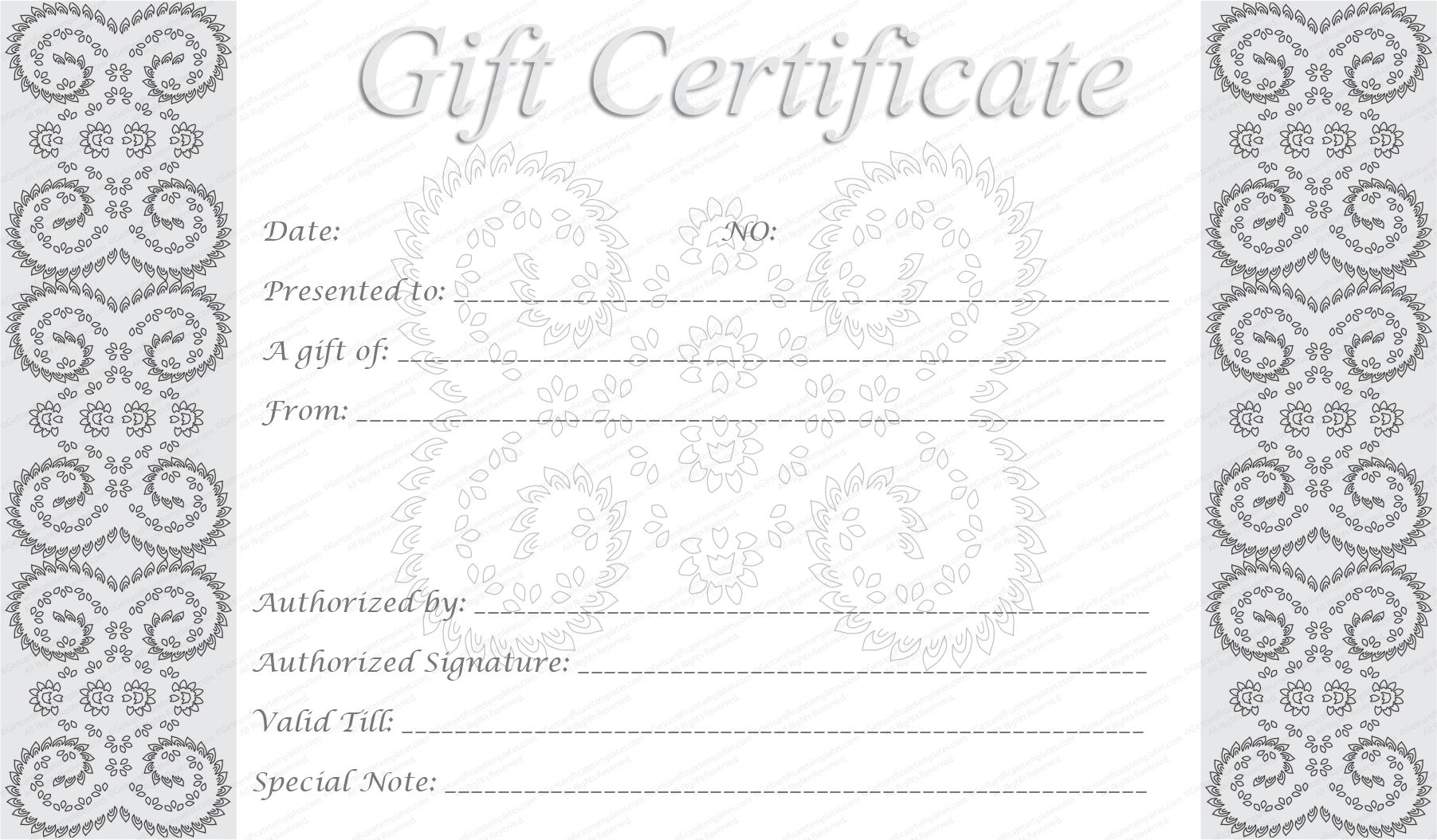 Editable And Printable Silver Swirls Gift Certificate Template