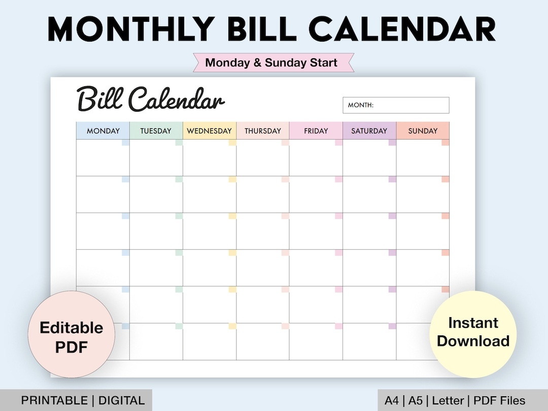 Editable Bill Calendar Printable Monthly Bill Planner Monthly Bill Log Bill Payment Checklist Bill Payment Tracker Digital PDF Etsy UK