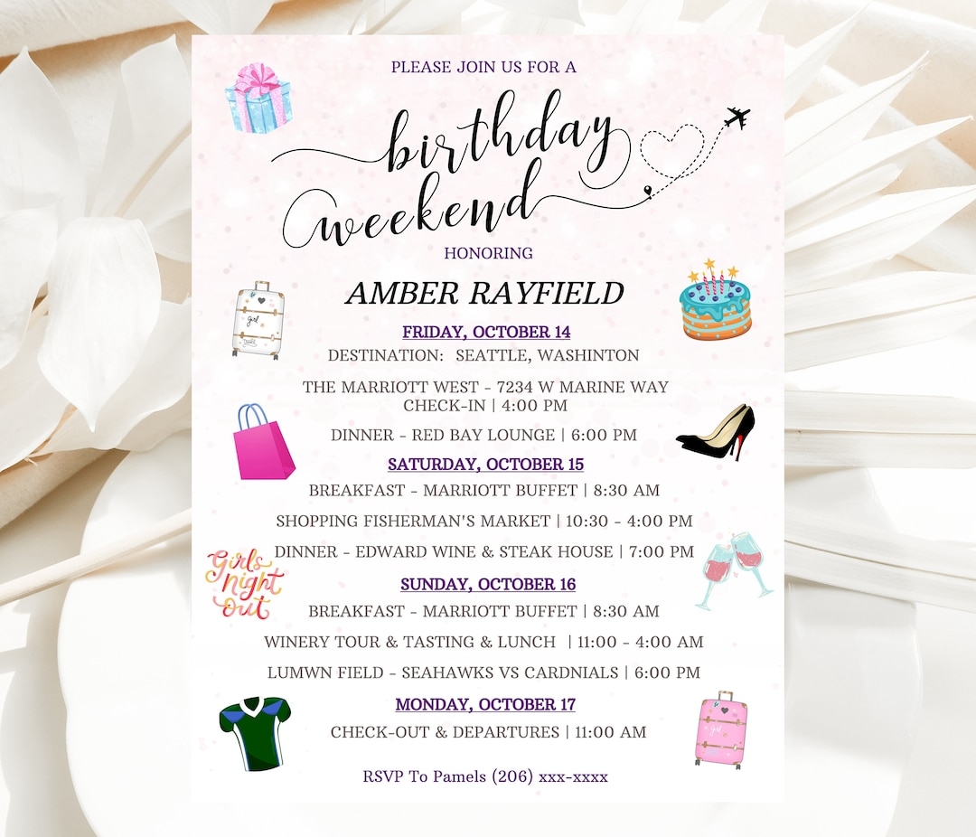 EDITABLE Birthday Weekend Itinerary Girls Weekend Printable Instant Download Party Invitation Vegas Itinerary Seattle Itinerary Agenda Etsy EDITABLE Birthday Weekend Itinerary Girls Weekend Printable Instant Download Party Invitation Vegas Itinerary Seattle Itinerary Agenda Etsy