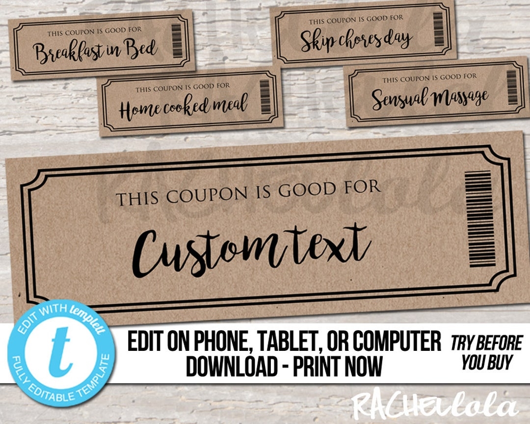 Editable Custom Printable Kraft Coupon Template Gift Certificate Valentine Birthday Love Mothers Day Rustic Date Night Digital DIY Etsy