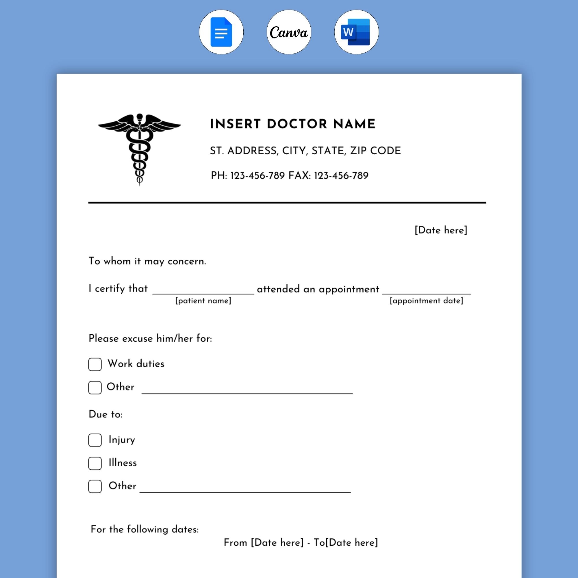 Editable Doctor Excuse Note For Work Printable Doctors Note 