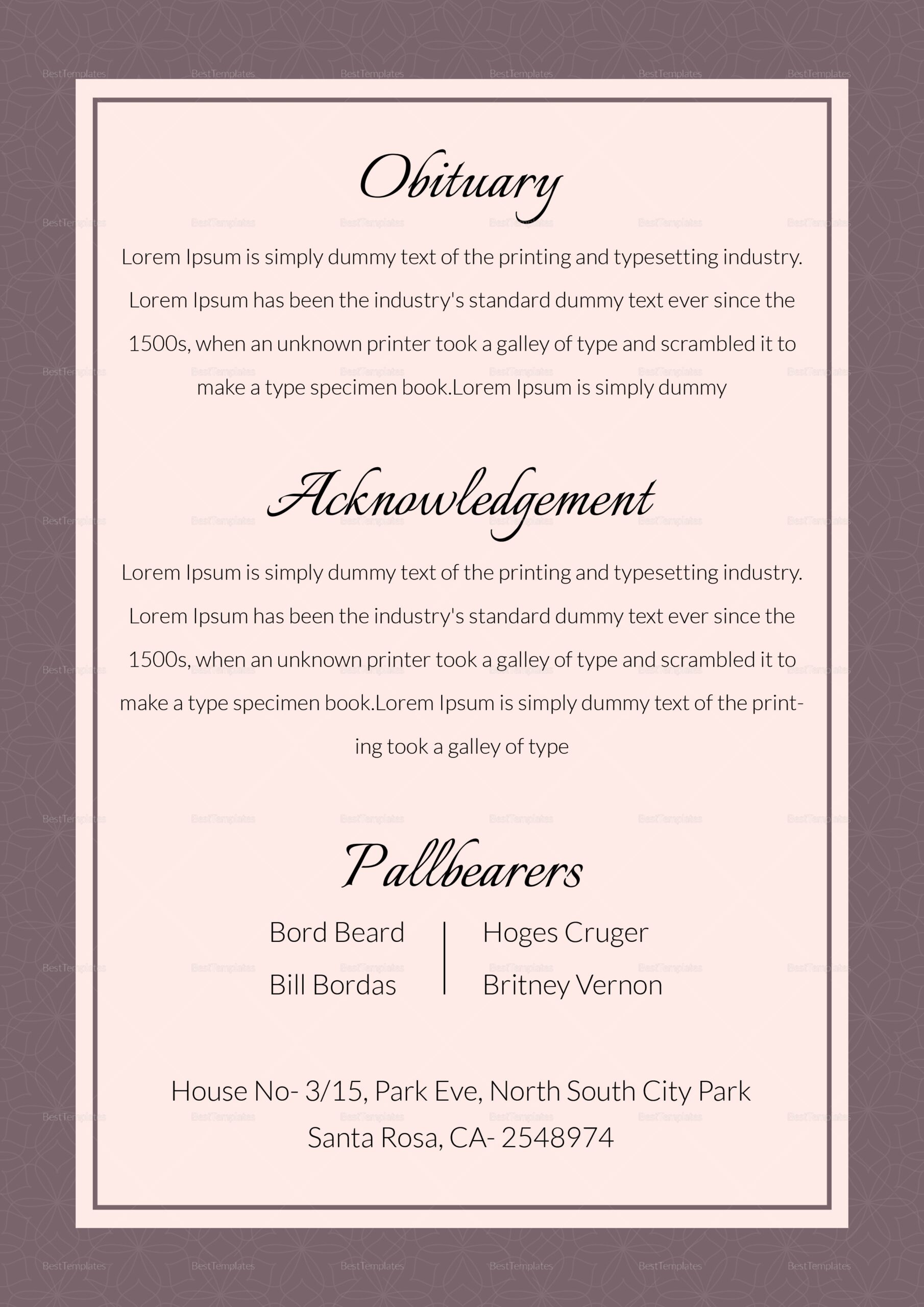 Editable Funeral Obituary Template In Adobe Photoshop Microsoft Word