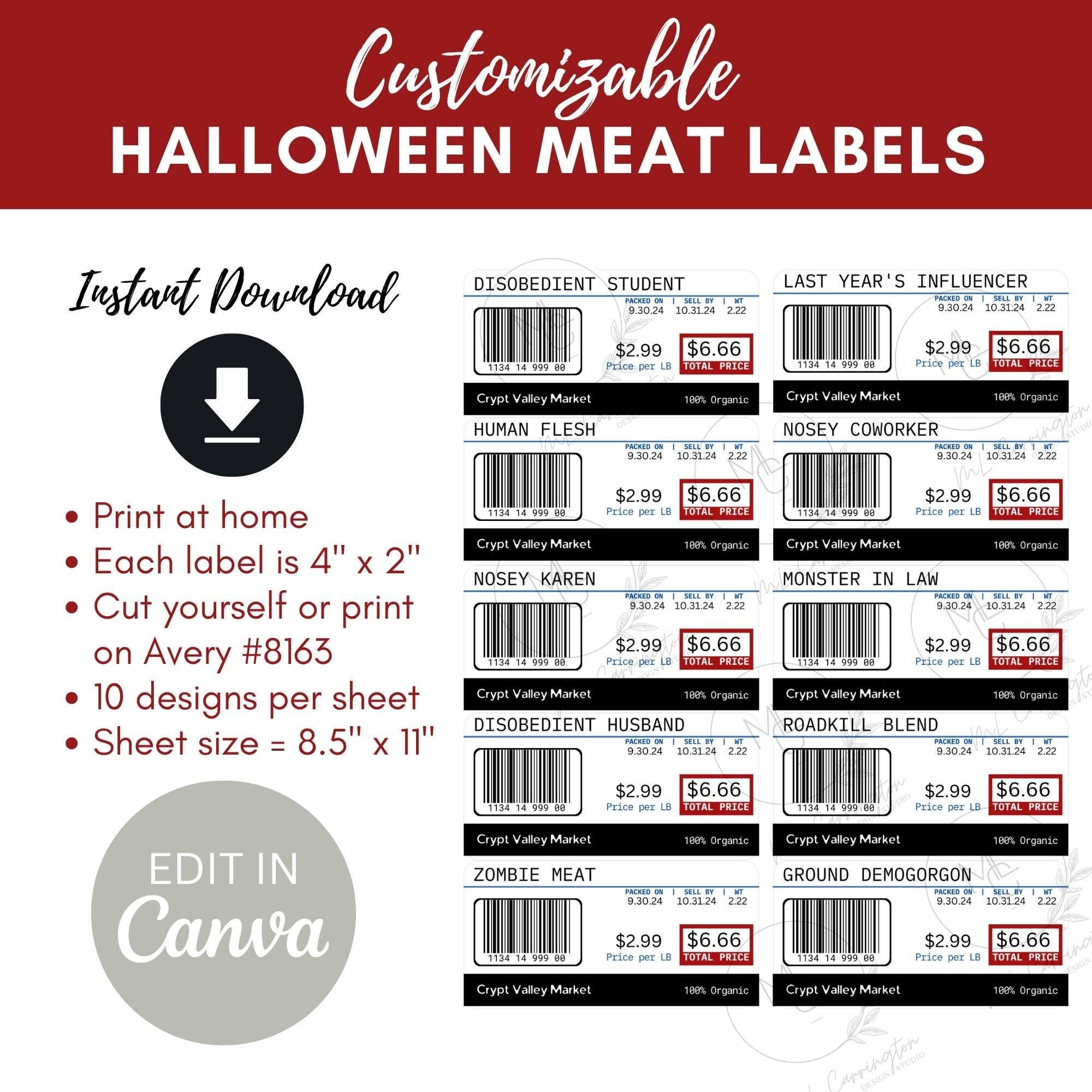 Editable Halloween Meat Labels Holiday White Elephant Idea Print At Home Meat Sticker Fake Meat Labels Instant Download Etsy