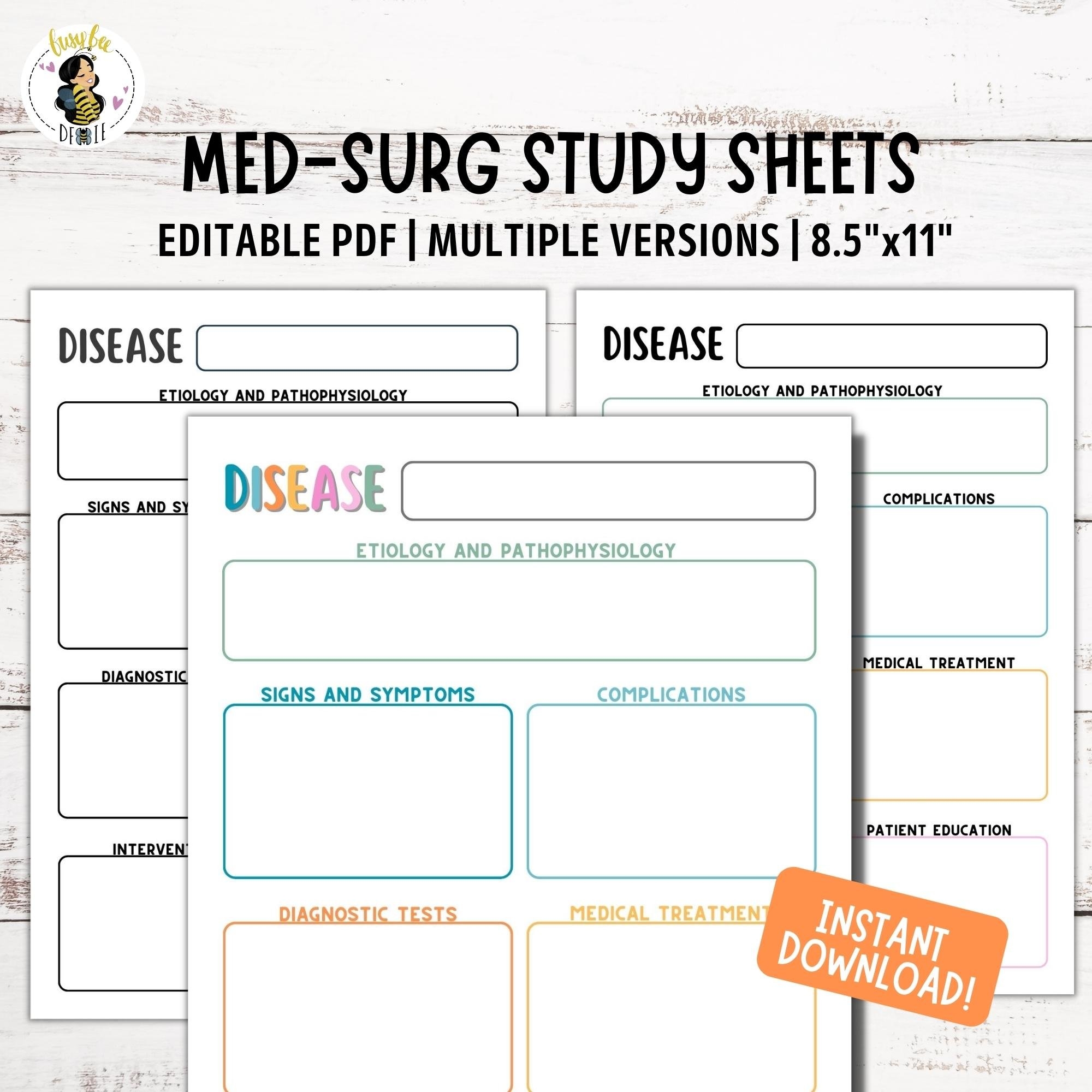 Editable Med Surg Study Template Printable Disease Nursing Notes 