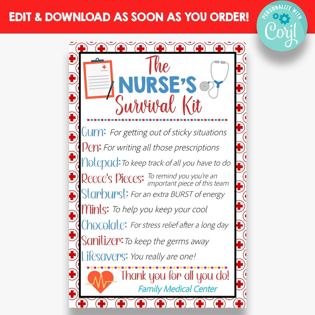 EDITABLE Nurse s Survival Kit Tag Nurse Appreciation Gift Idea Medical Survival Kit Gift Tags Printable Nurse Gift Tag Etsy