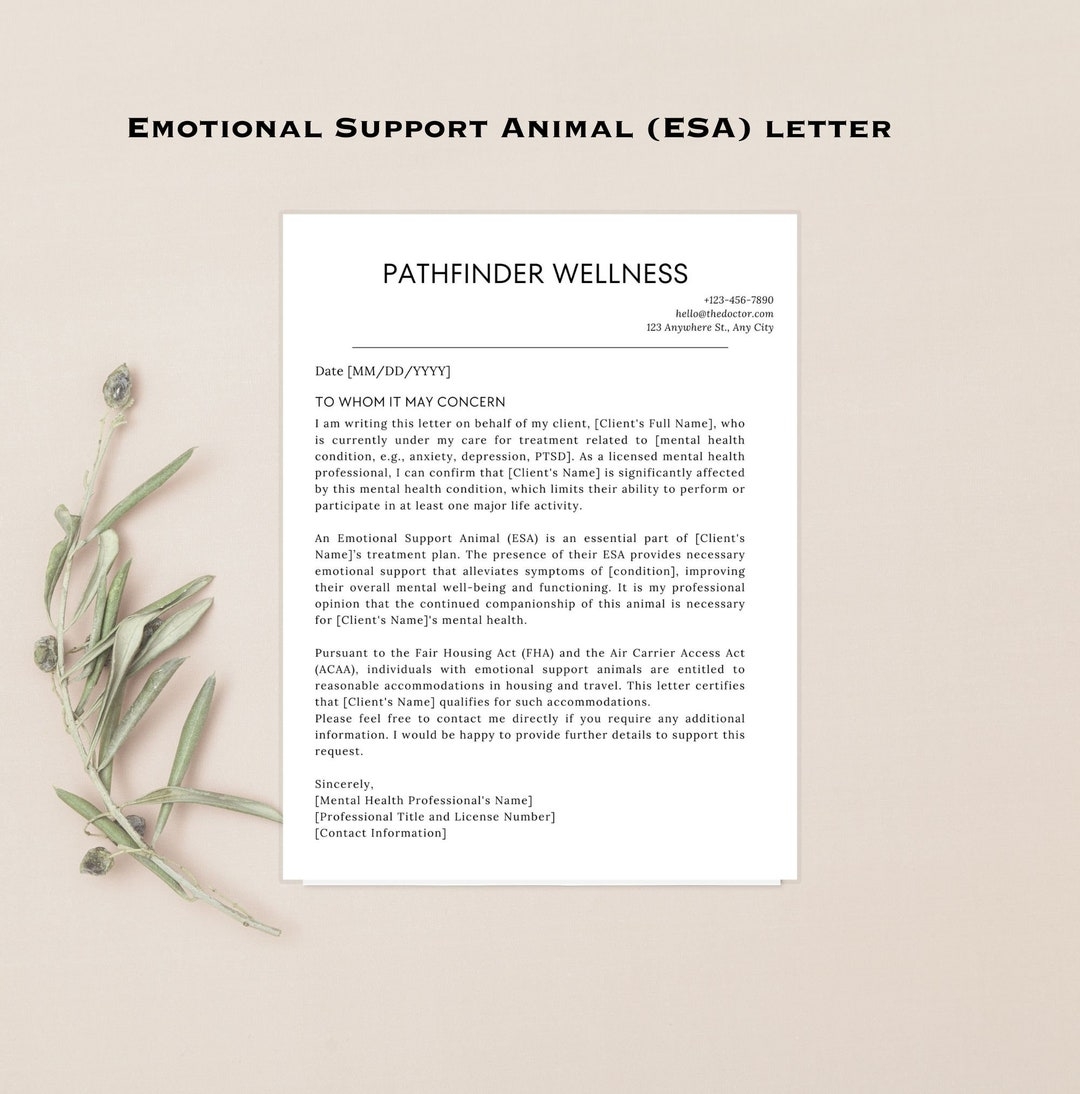Emotional Support Animal ESA Letter Editable Template Letter For 