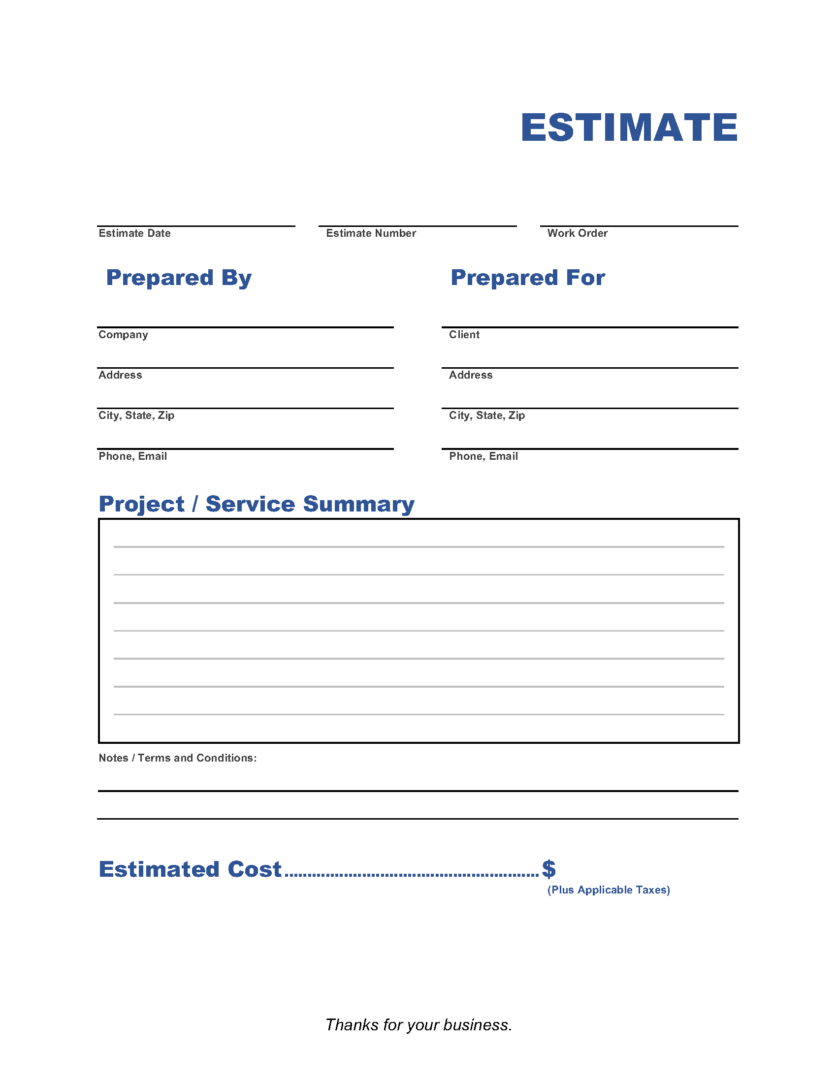 Free Printable Estimate Templates