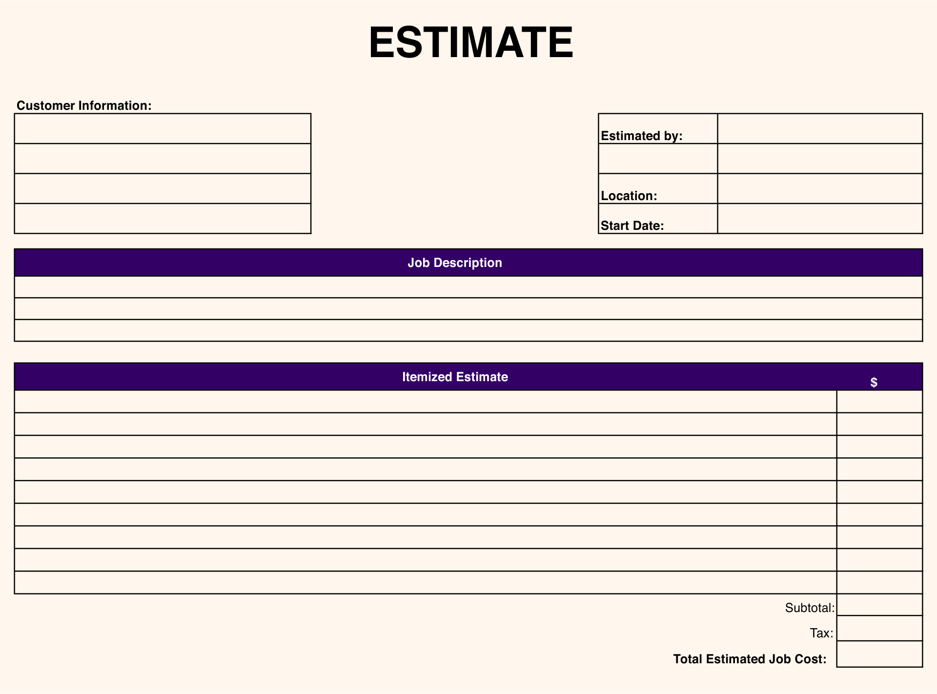 Estimate Templates Blank Downloadable 10 Free PDF Printables Printablee