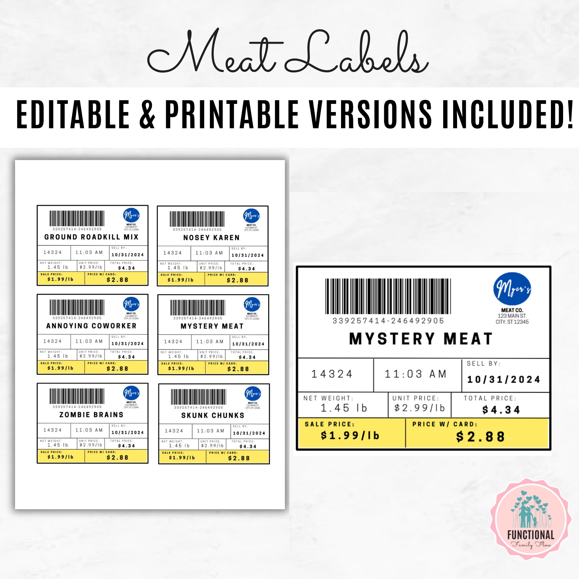 Fake Meat Label Template Editable Road Kill Butcher Labels Funny Halloween Treat Label Printable Meat Labels Etsy