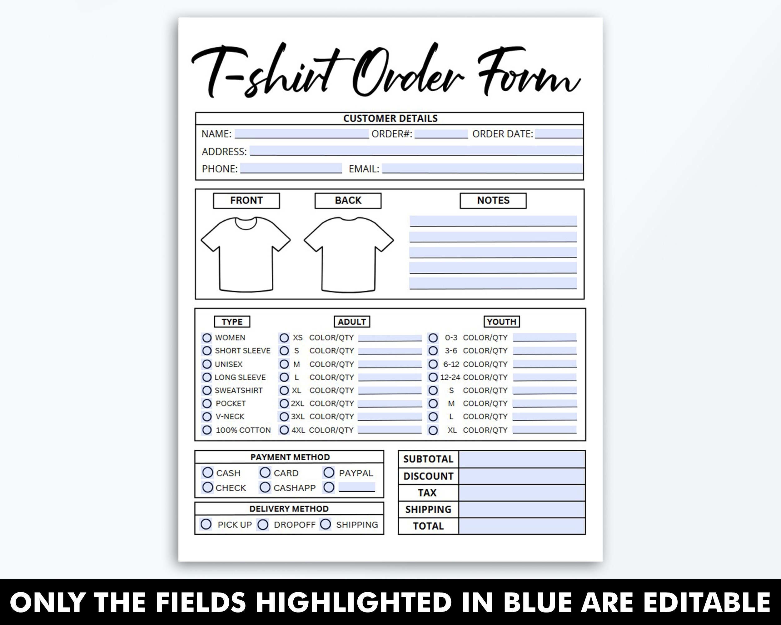 Fillable T shirt Order Form Template Editable Shirt Order Form PDF Small Business Forms Printable Digital File Instant Download Etsy