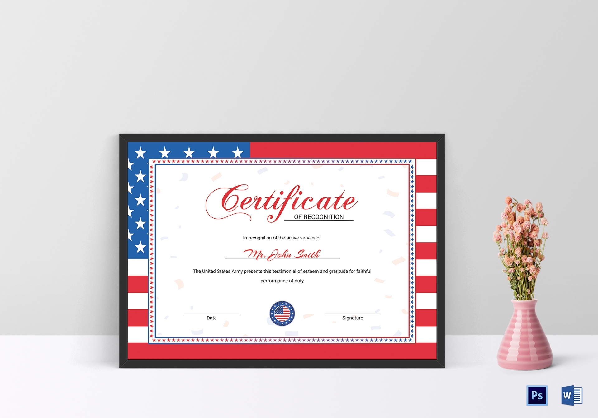Flag Recognition Certificate Design Template In PSD Word
