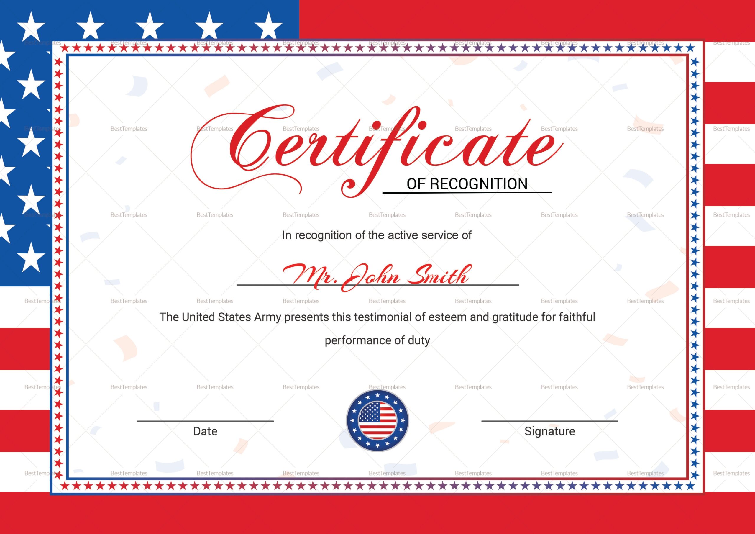 Flag Recognition Certificate Design Template In PSD Word