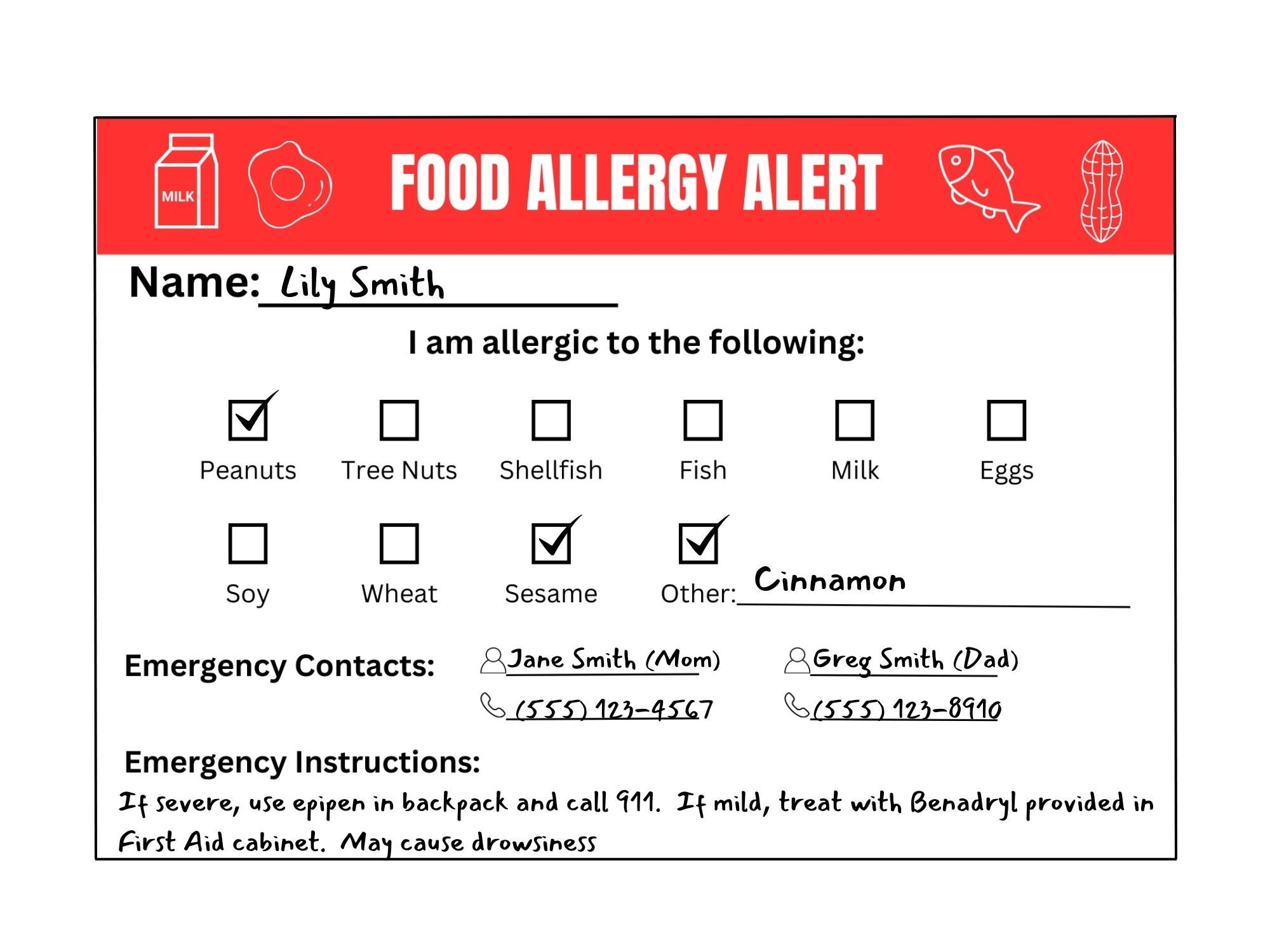 Food Allergy Alert Card Digital Download Printable Children Food Allergy Card For Daycare caregivers school Etsy