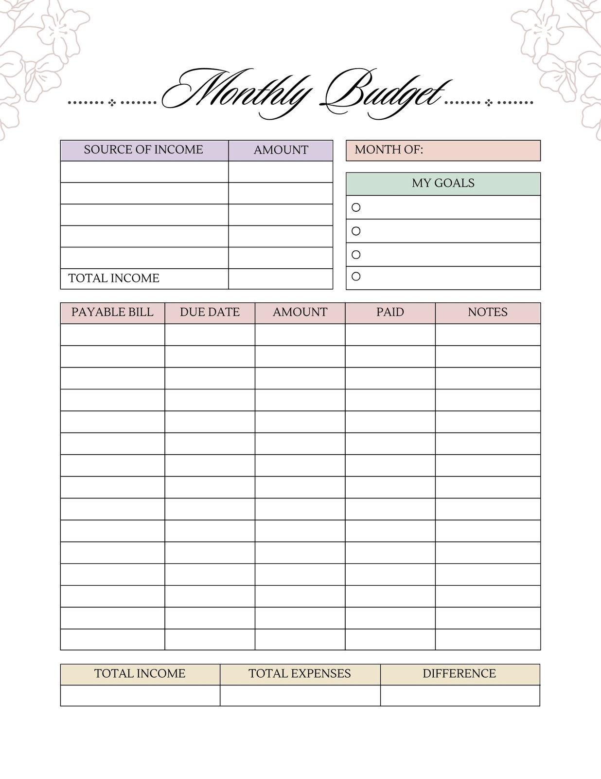 Bill Budget Template Free Printable