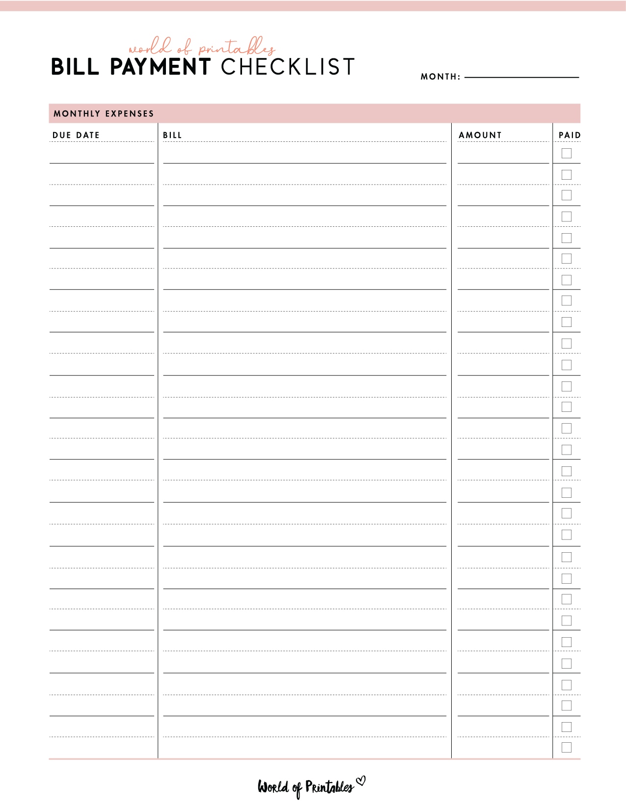 Free Bill Payment Checklist PDF World Of Printables Free Bill Payment Checklist PDF World Of Printables