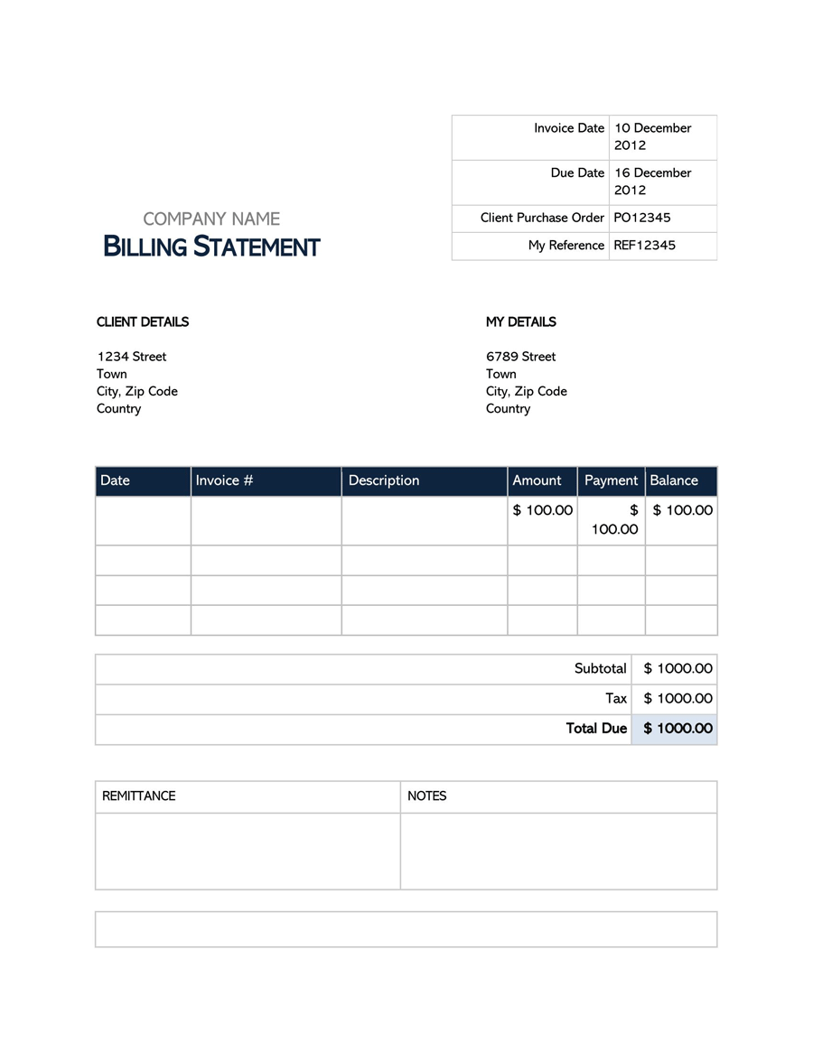 Free Printable Billing Statement Template