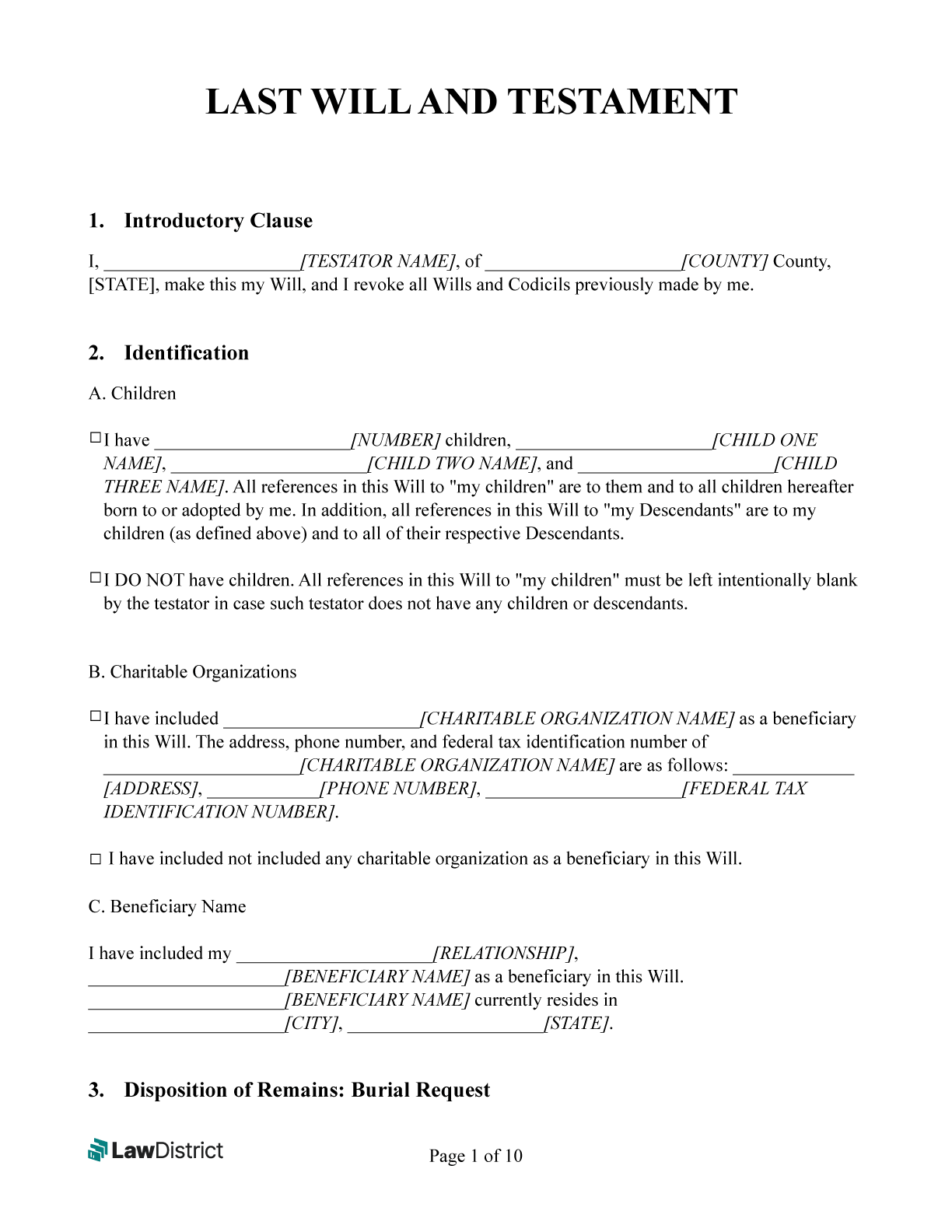 Free Last Will U0026 Testament Form Printable PDF U0026 Word LawDistrict