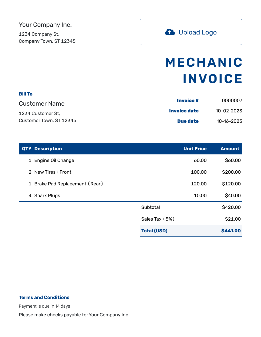 Free Mechanic Invoice Template Docelf