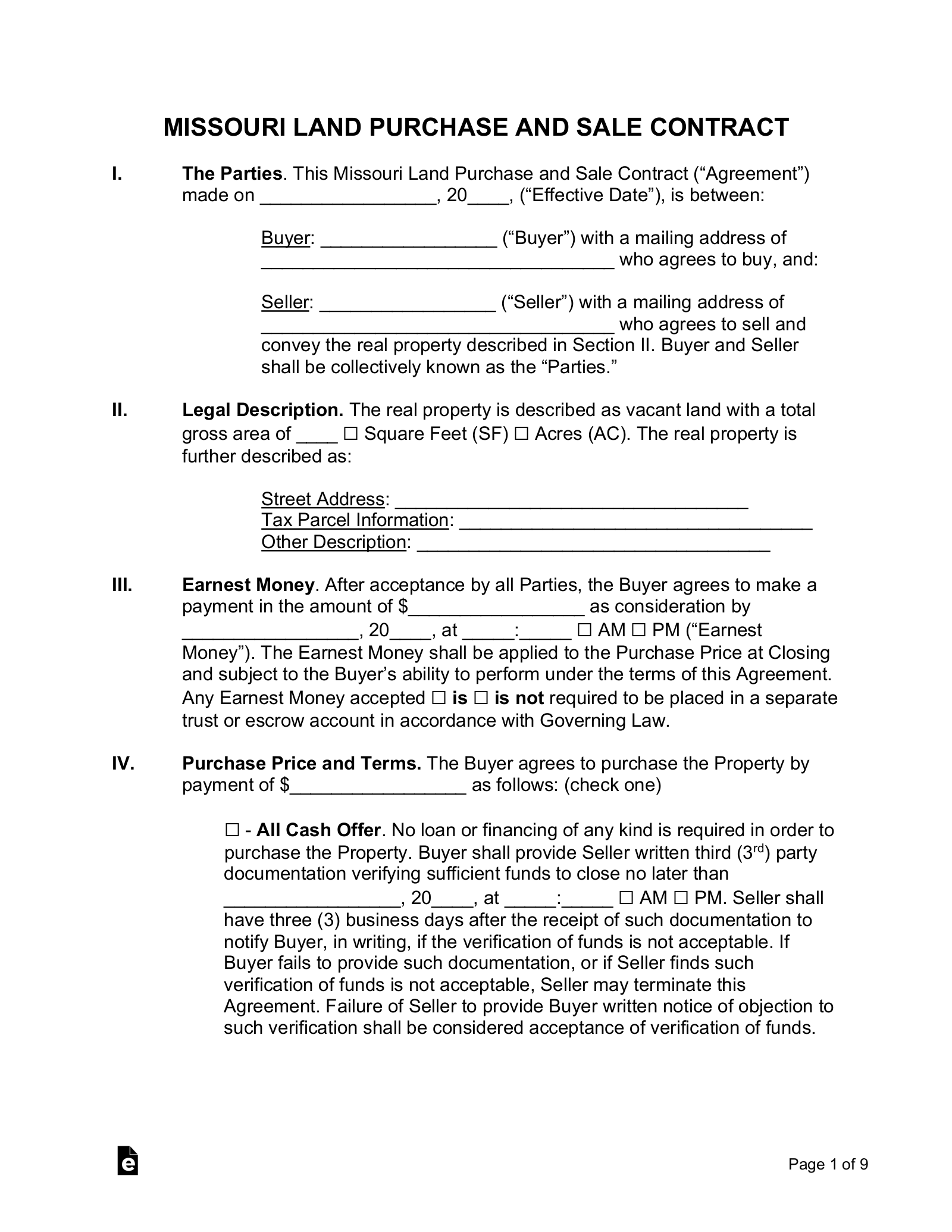 Free Missouri Land Contract Template PDF Word EForms