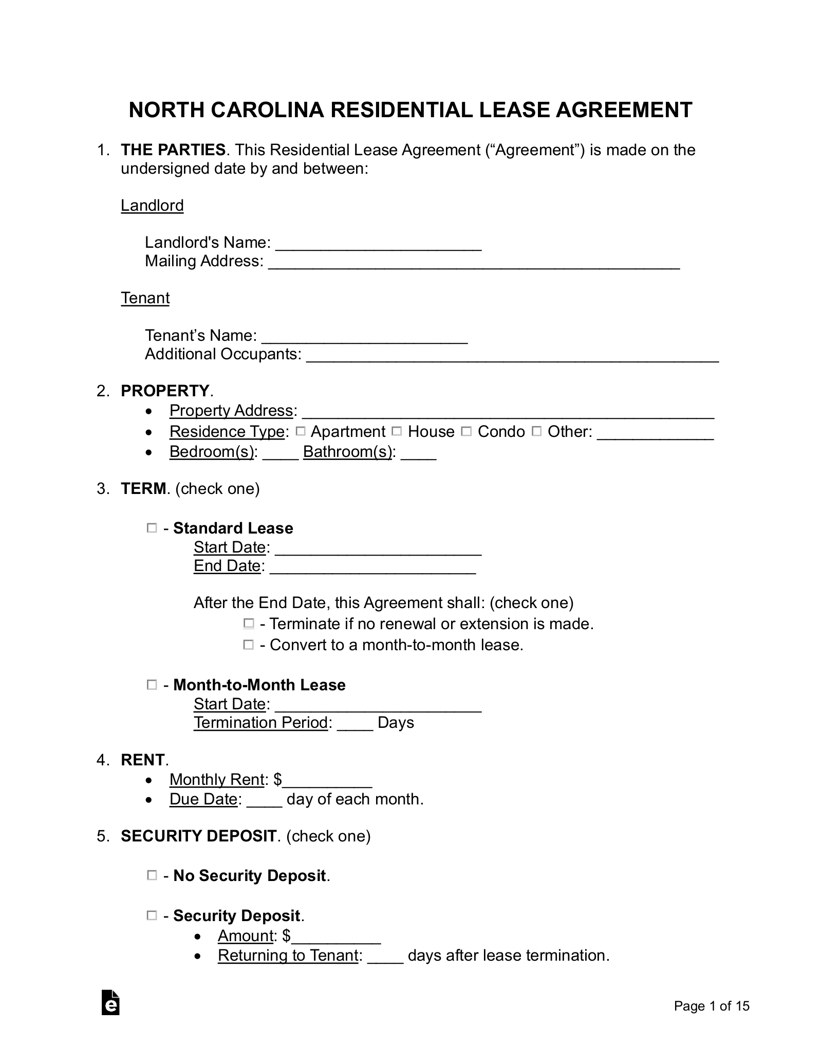 Free North Carolina Lease Agreement Templates 7 PDF Word EForms