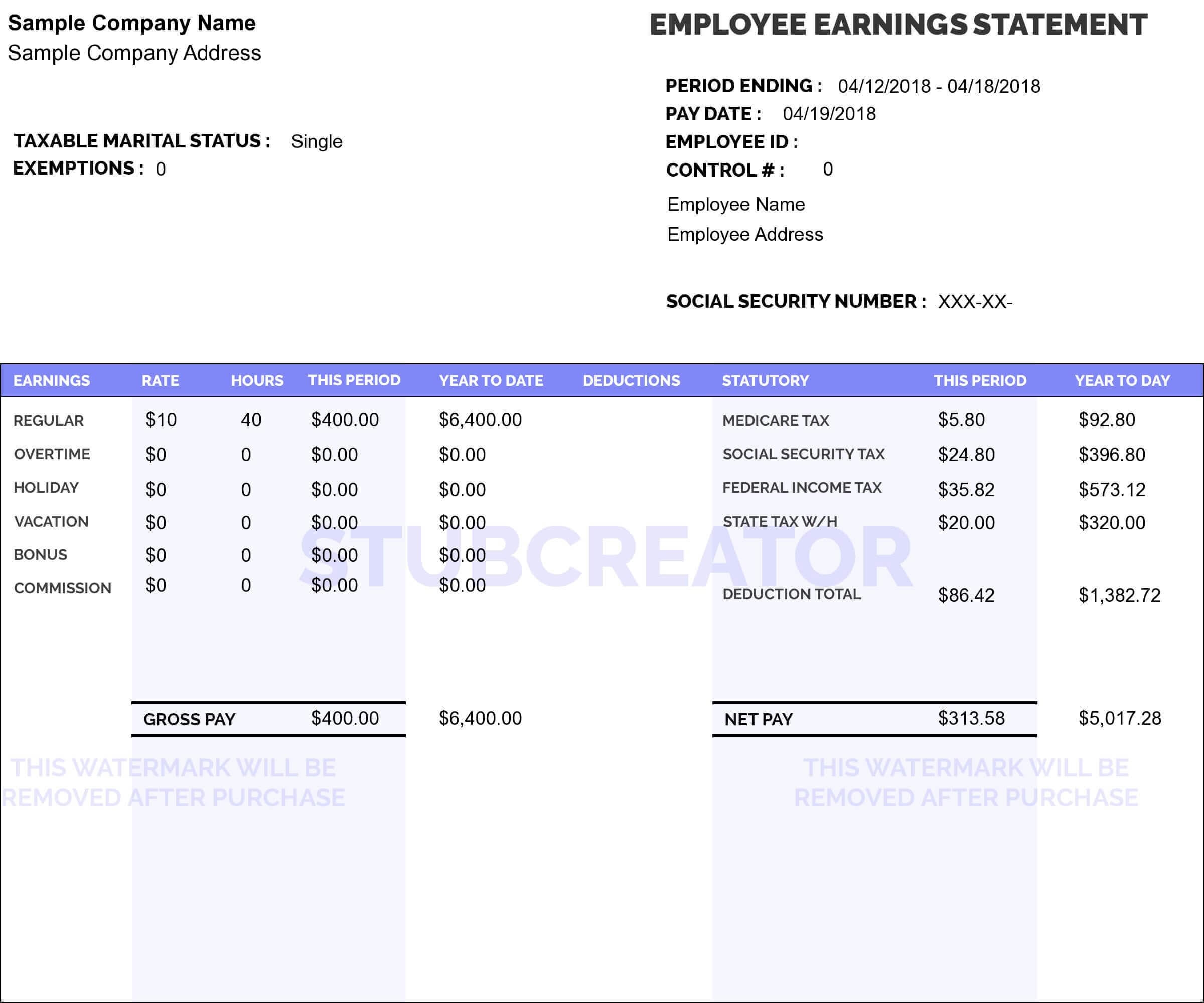 Free Pay Stub Template With Calculator No Watermark Download 