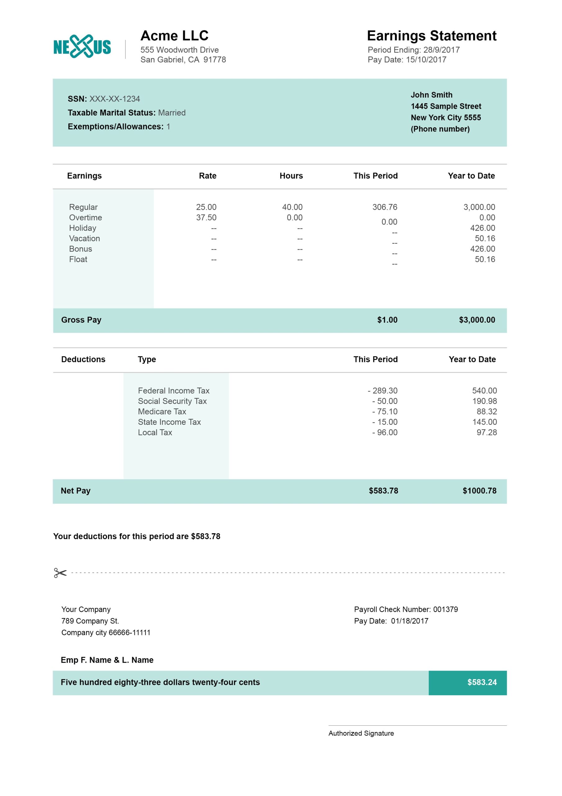 Paystub Template Free Printable