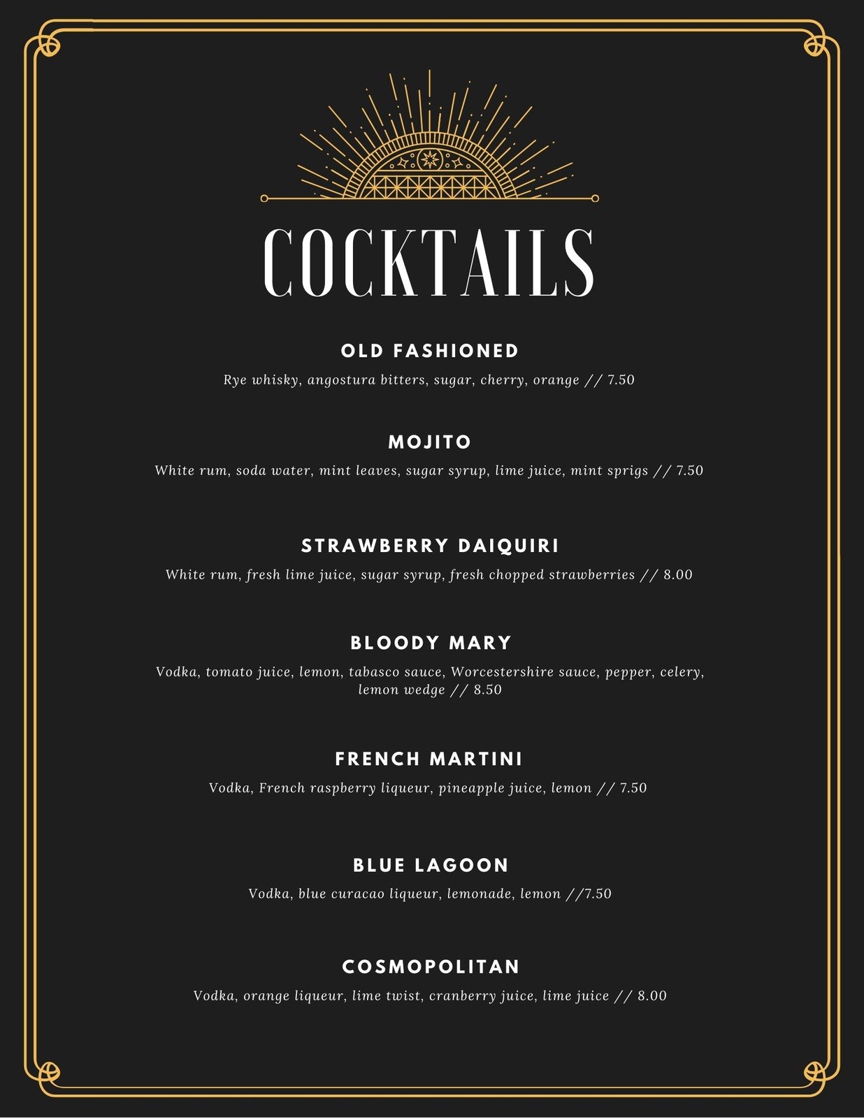 Downloadable Free Printable Drink Menu Template