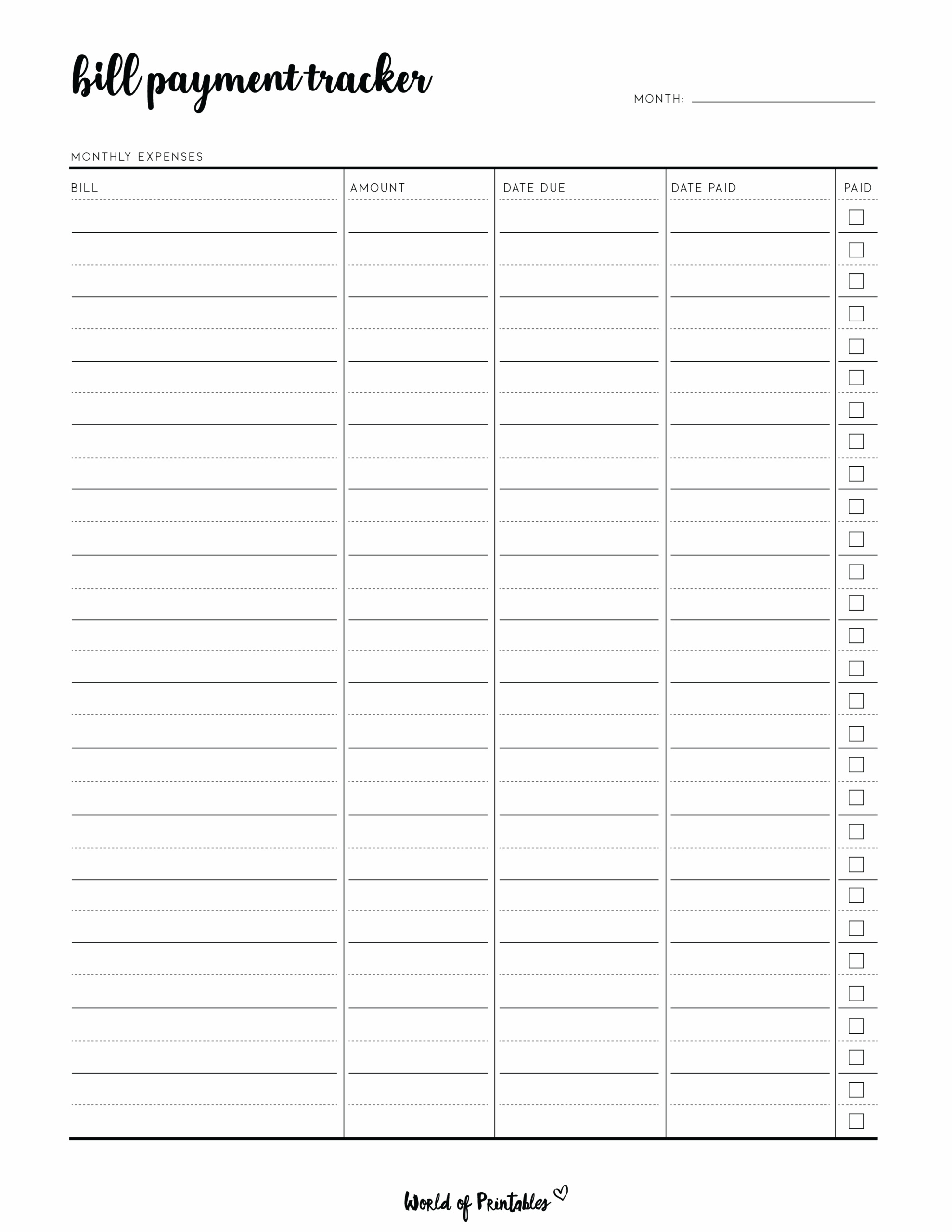 Free Printable Bill Tracker Template