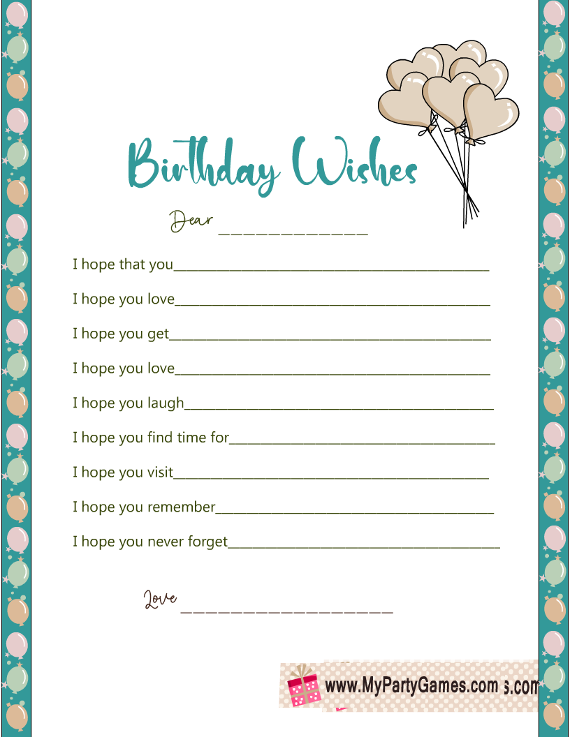 Free Printable Wishes For The Birthday Honoree Cards Worksheets Library