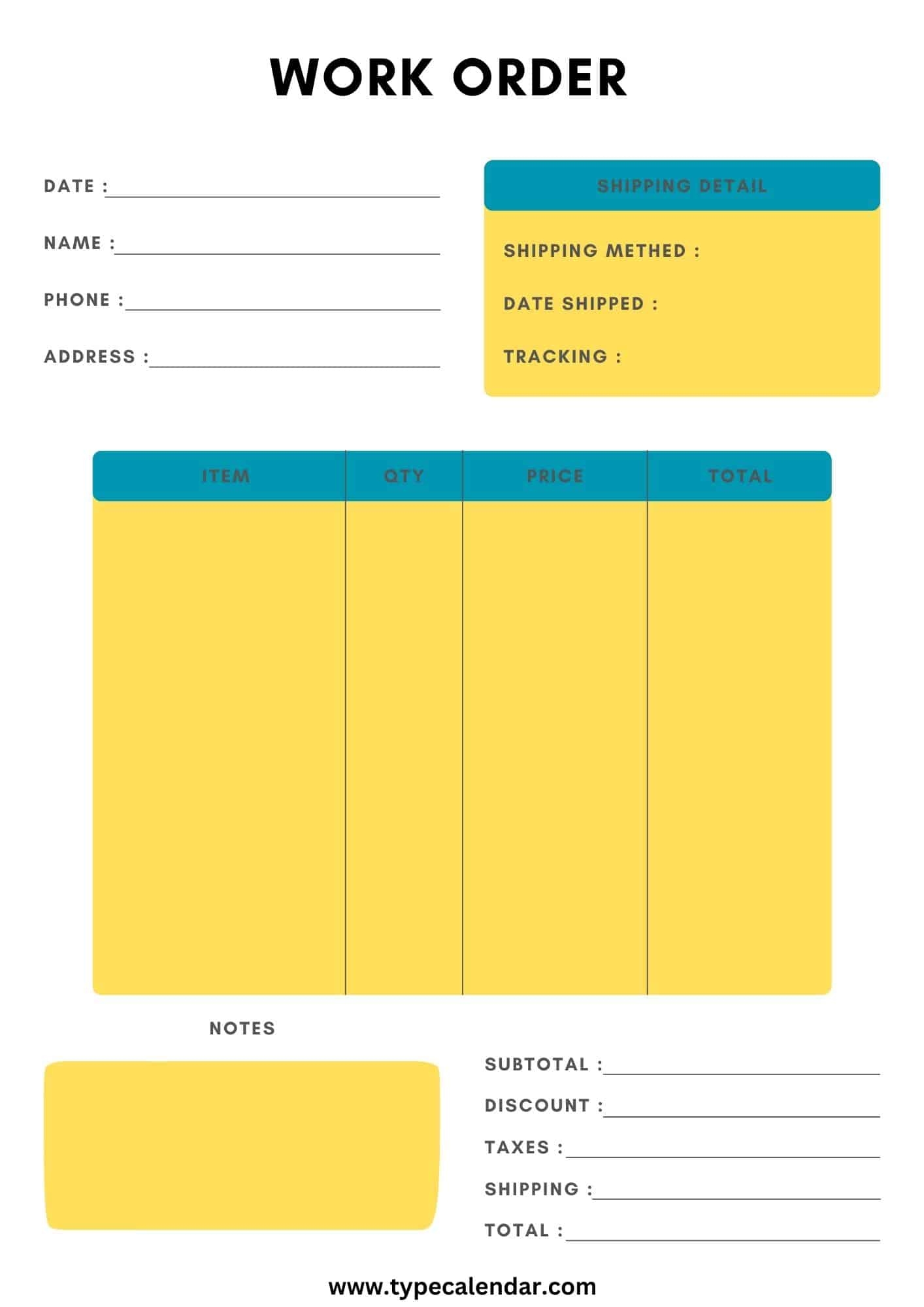 Downloadable Free Printable Work Order Template