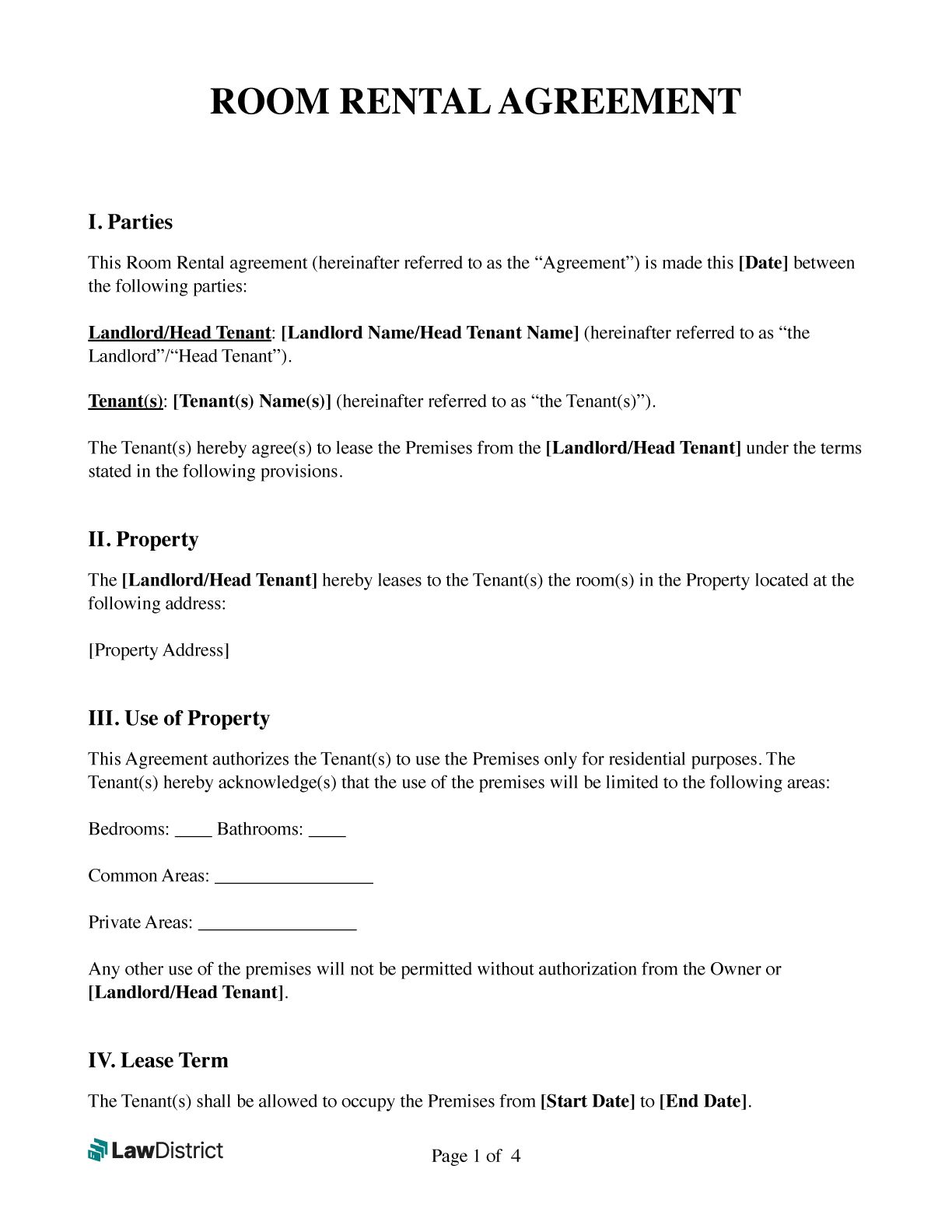 Free Room Rental Agreement PDF Template U0026 Word LawDistrict