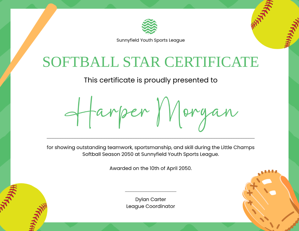 Free Softball Certificate For Kids Template To Edit Online