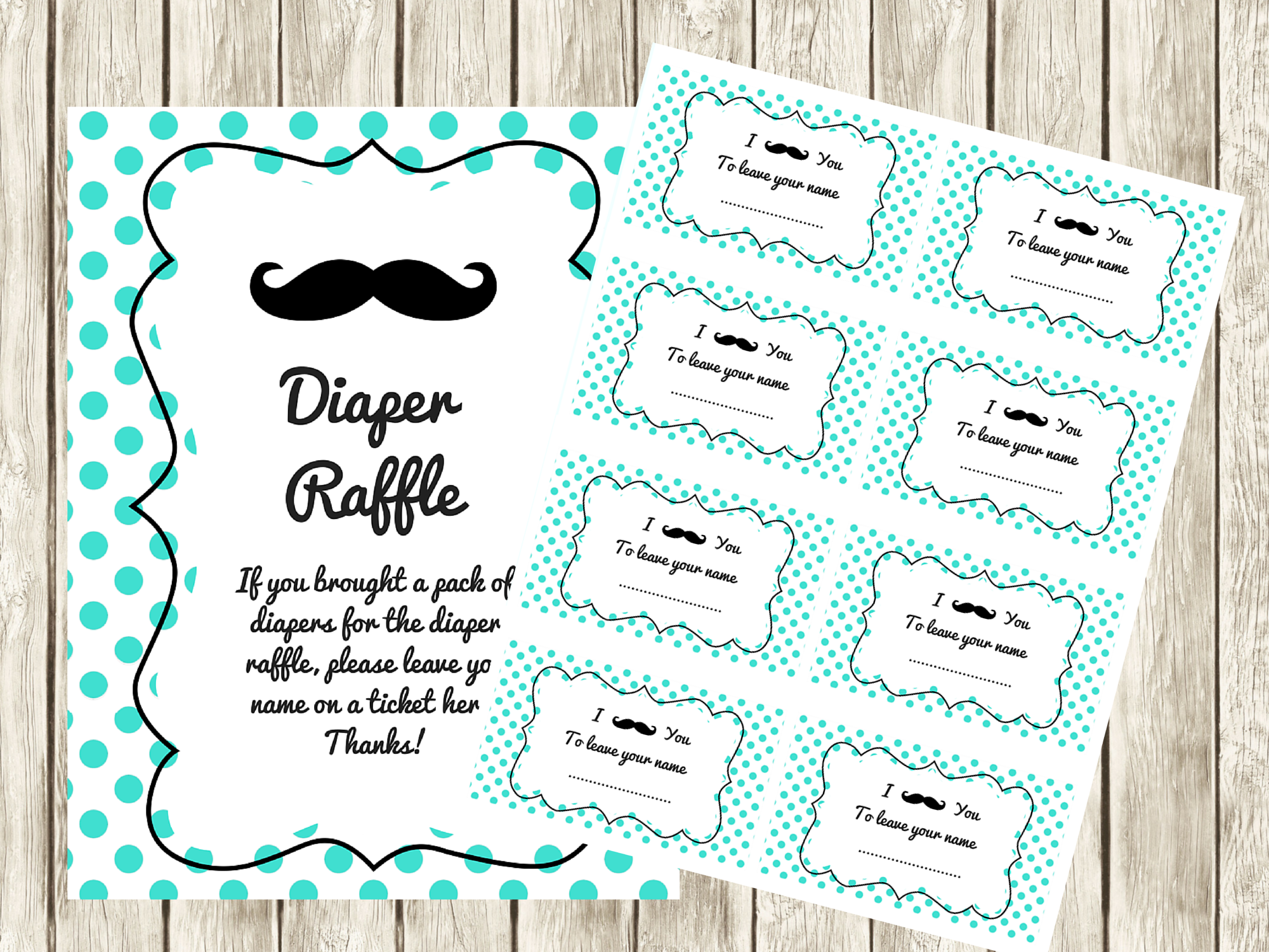 FREE Turquoise Mustache Baby Shower Diaper Raffle Ticket Cards And Sign Magical Printable