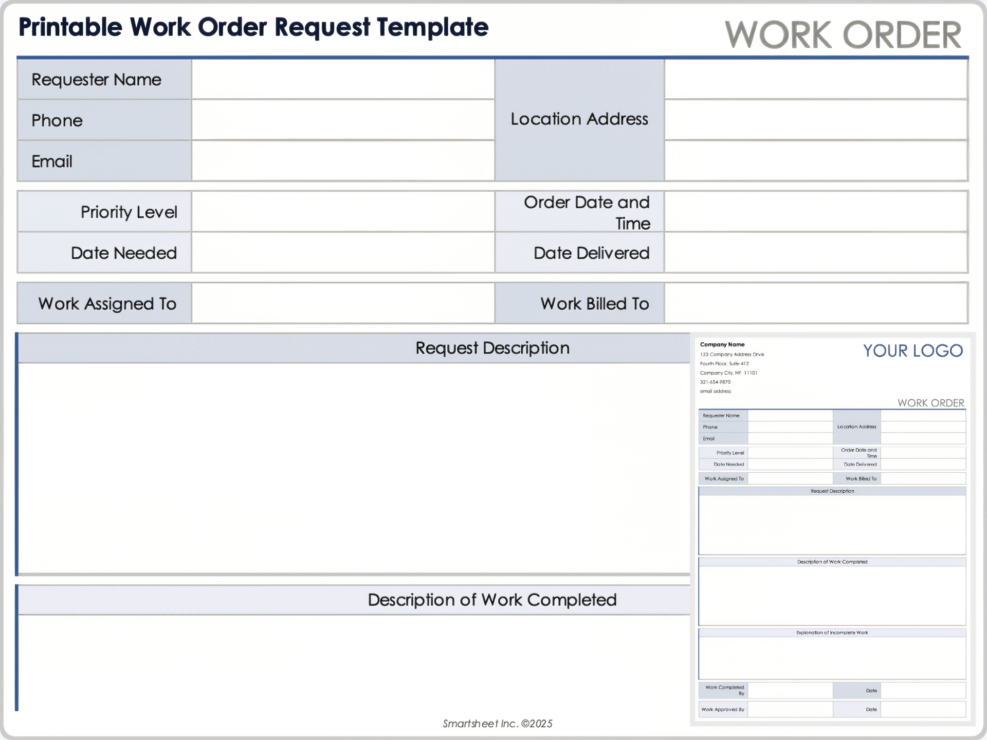 Blank Free Printable Work Order Template