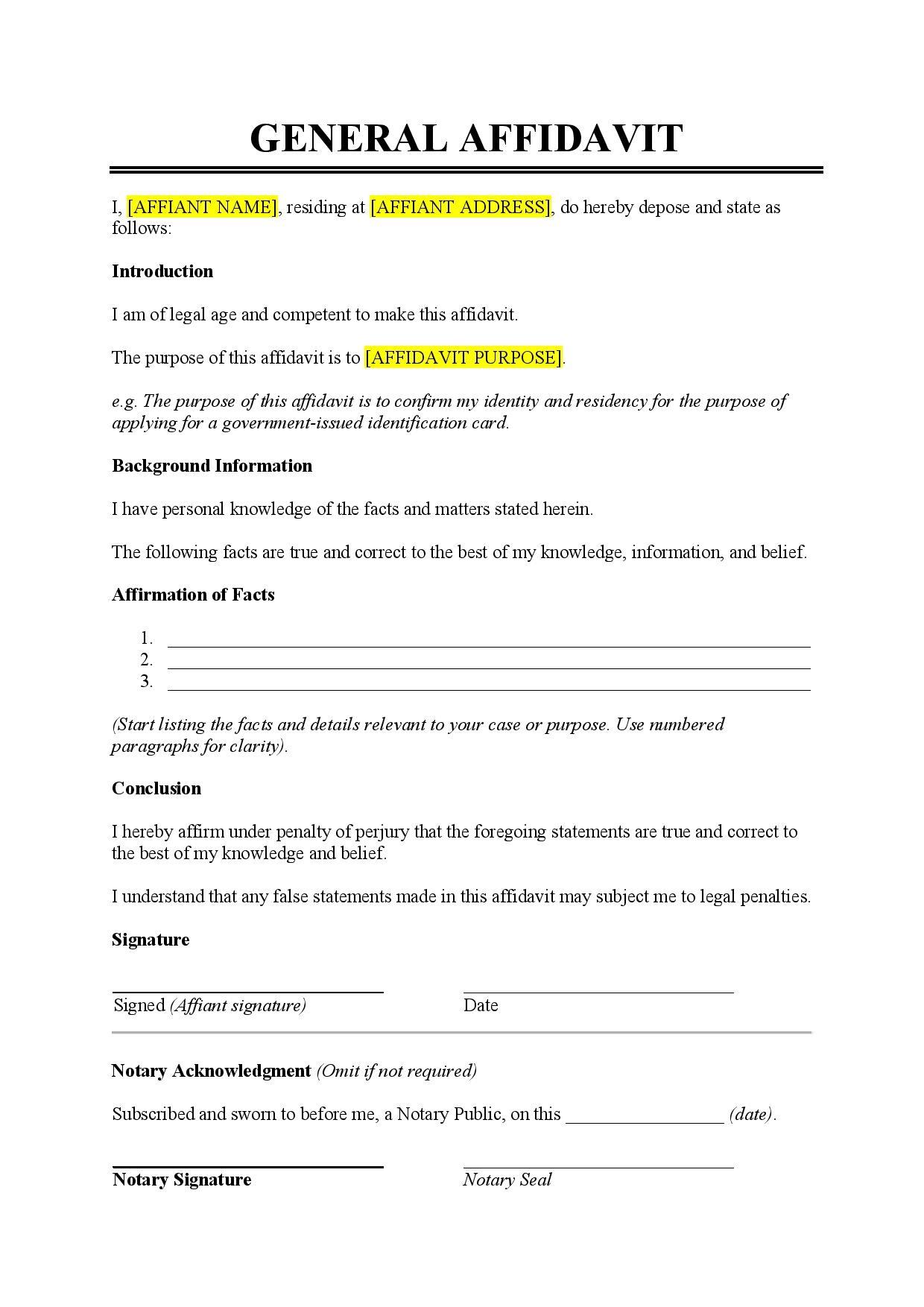 General Affidavit Template Free Download Easy Legal Docs General Affidavit Template Free Download Easy Legal Docs
