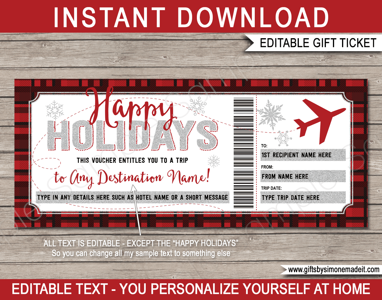 Holiday Boarding Pass Template Buffalo Plaid Flight Voucher Gift