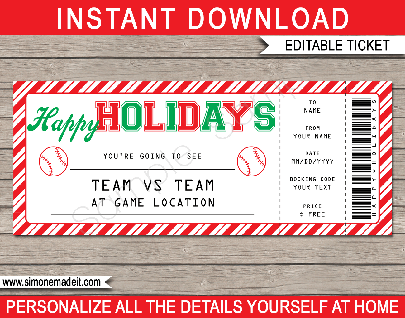 Holidays Baseball Ticket Gift Voucher Printable Baseball Ticket Holidays Baseball Ticket Gift Voucher Printable Baseball Ticket