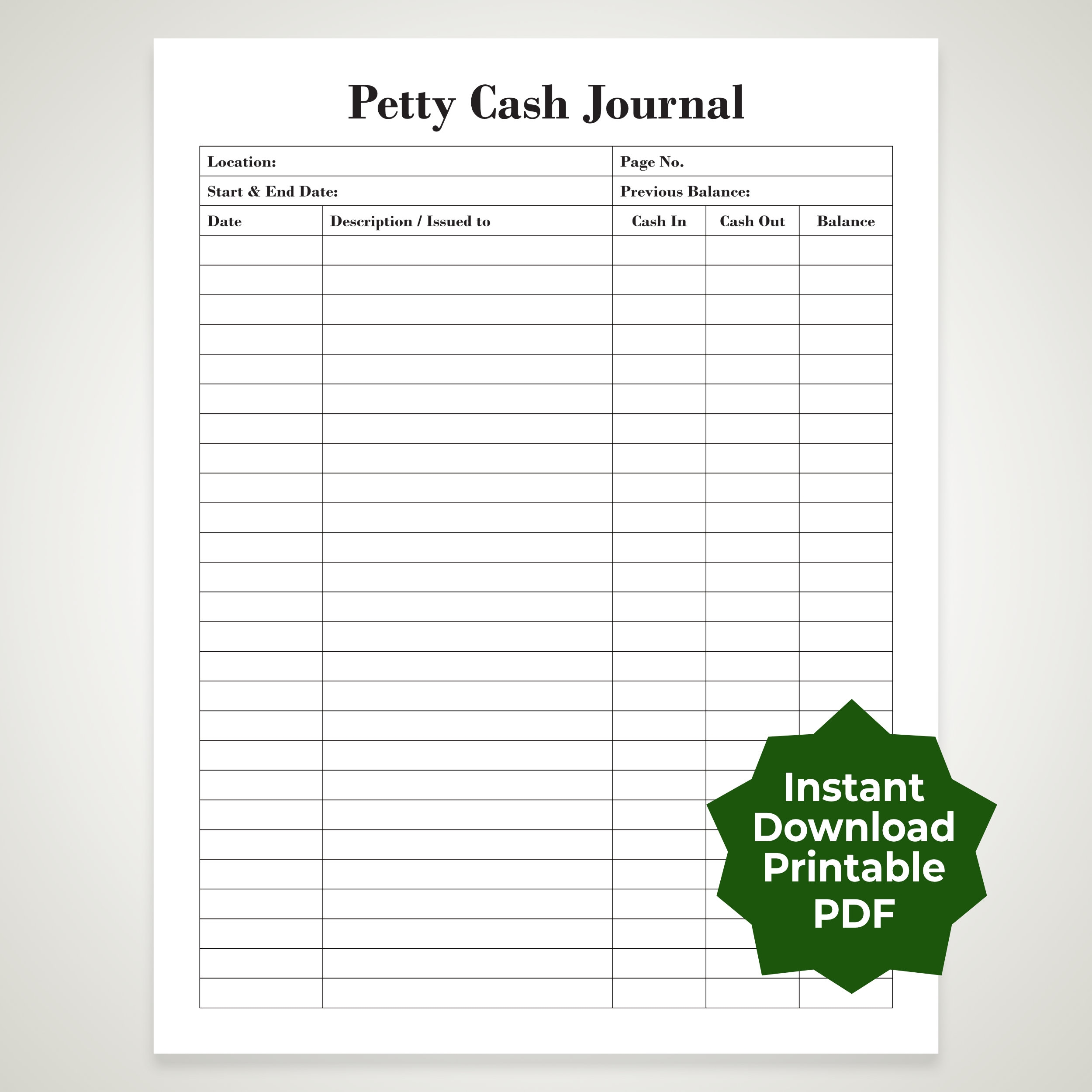 Instant Download Printable Petty Cash Journal 2 Templates A4 U0026 US Letter PDF