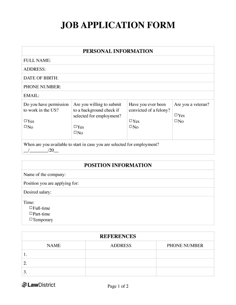Job Application Form Free Simple PDF Template LawDistrict Worksheets Library