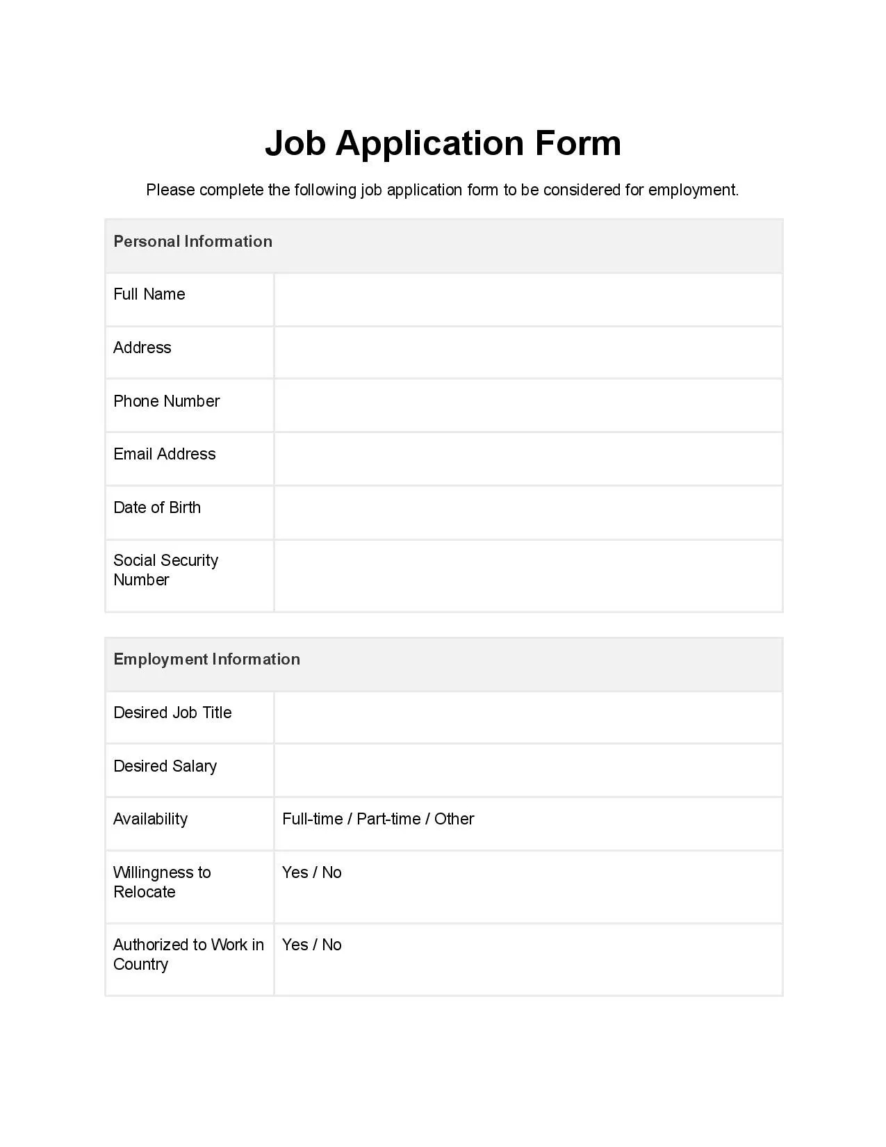 Printable Job Application Template Free