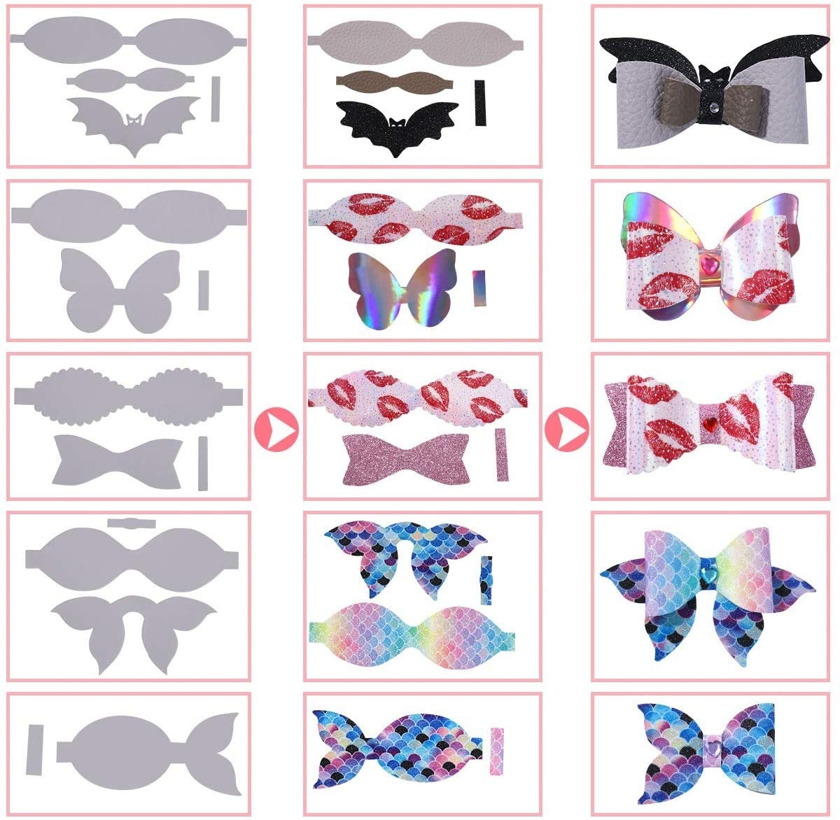 Leather Bow Making Kit Include 7 Kinds Faux Leather Sheets Leather Bow Holder Hair Clips Scissor Bow Template Hot Melt Glue Gun With Glue Stick Hair Ties Water Soluble Pens Diamond Stickers 