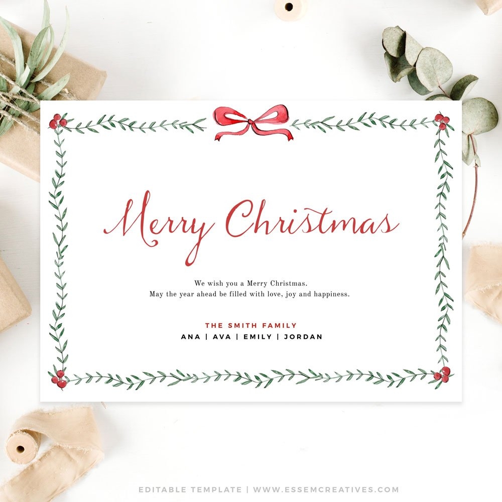 Minimal Christmas Card Template Greenery Christmas Card Border 2023 Printable Editable Holiday Card Horizontal Instant Download Corjl 489 Essem 