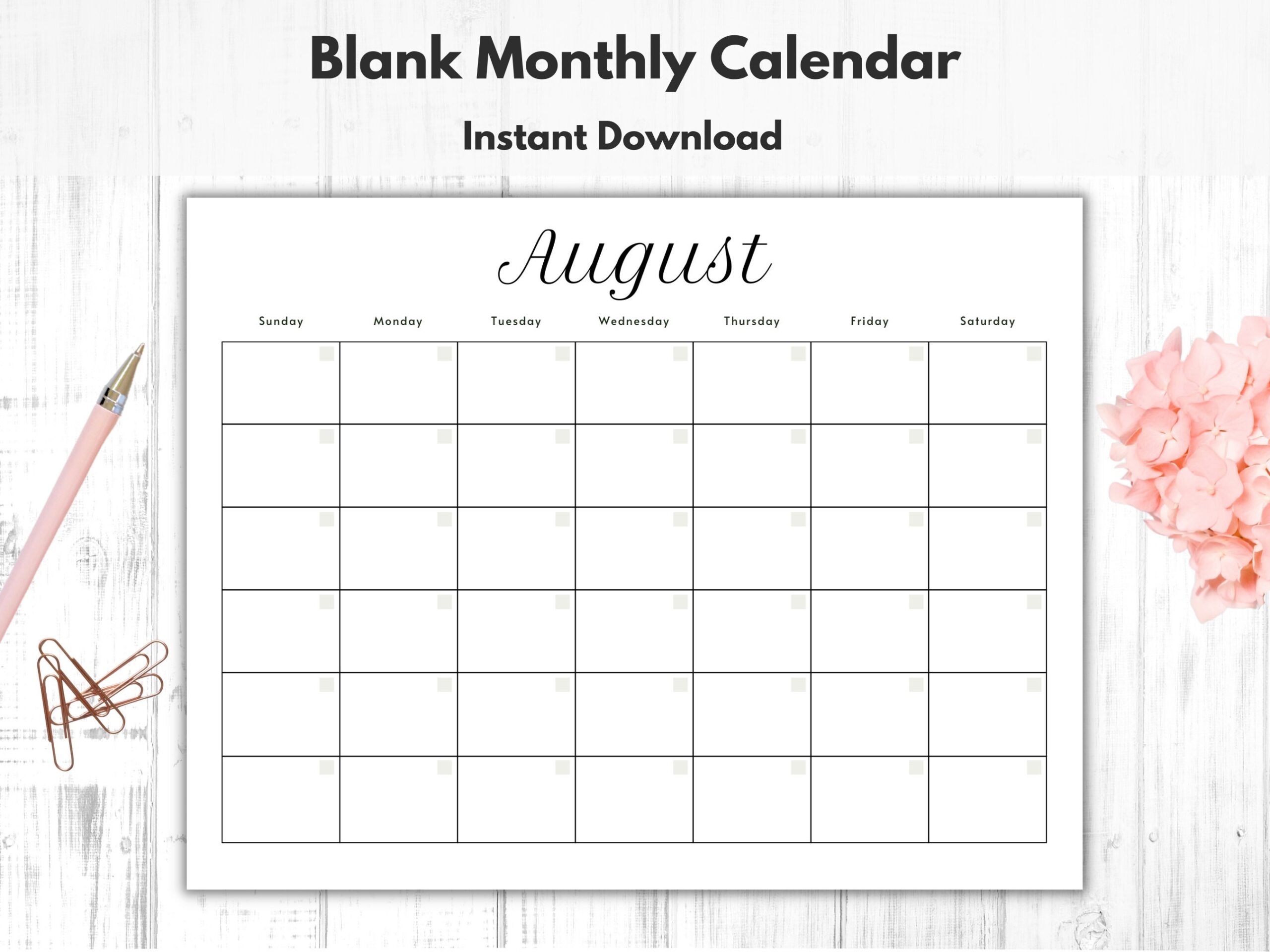 Monthly Blank Calendar Printable Calendar Template Horizontal 