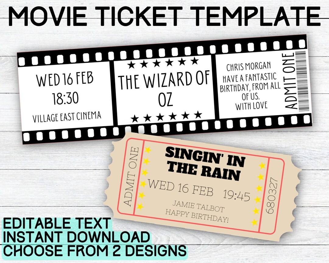 Movie Ticket Template Printable Cinema Gift Ticket Surprise Movie Night Ticket Indoor Cinema Personalized Invite Birthday Gift Etsy UK