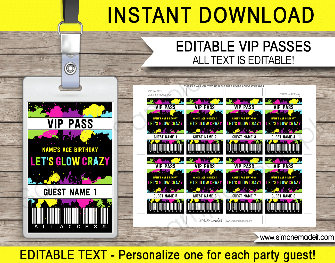 Neon Glow Party VIP Passes Template