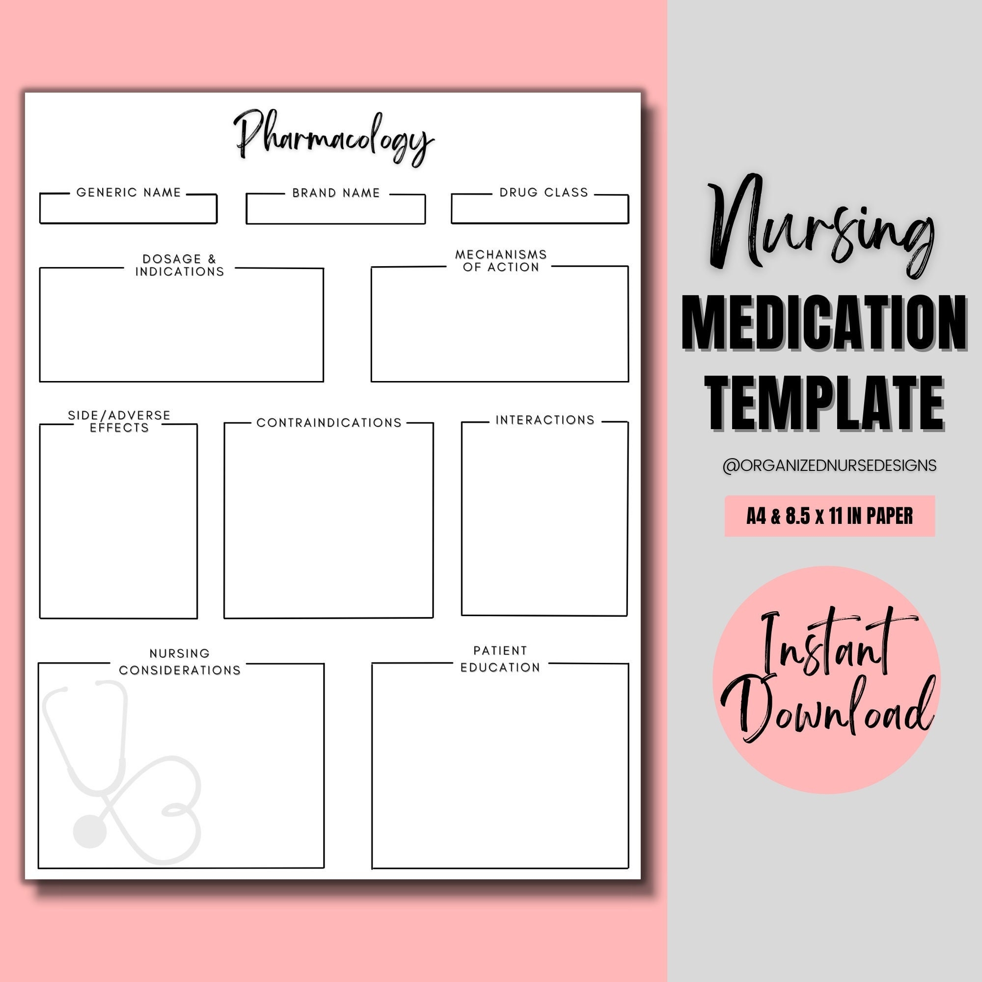 Pharmacology Nursing Template Nursing Student Printable 