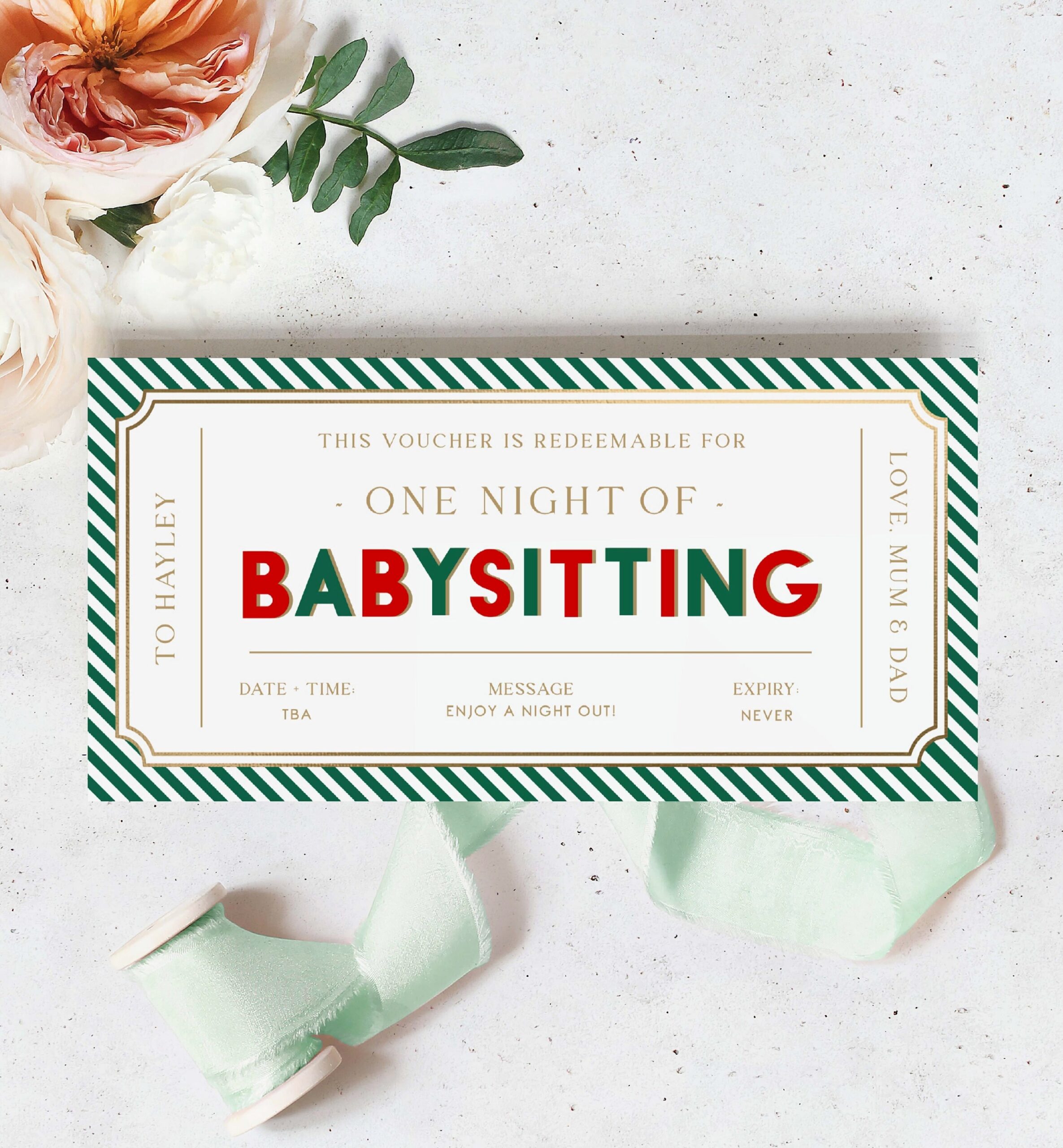 Printable Babysitting Gift Voucher Template Christmas 