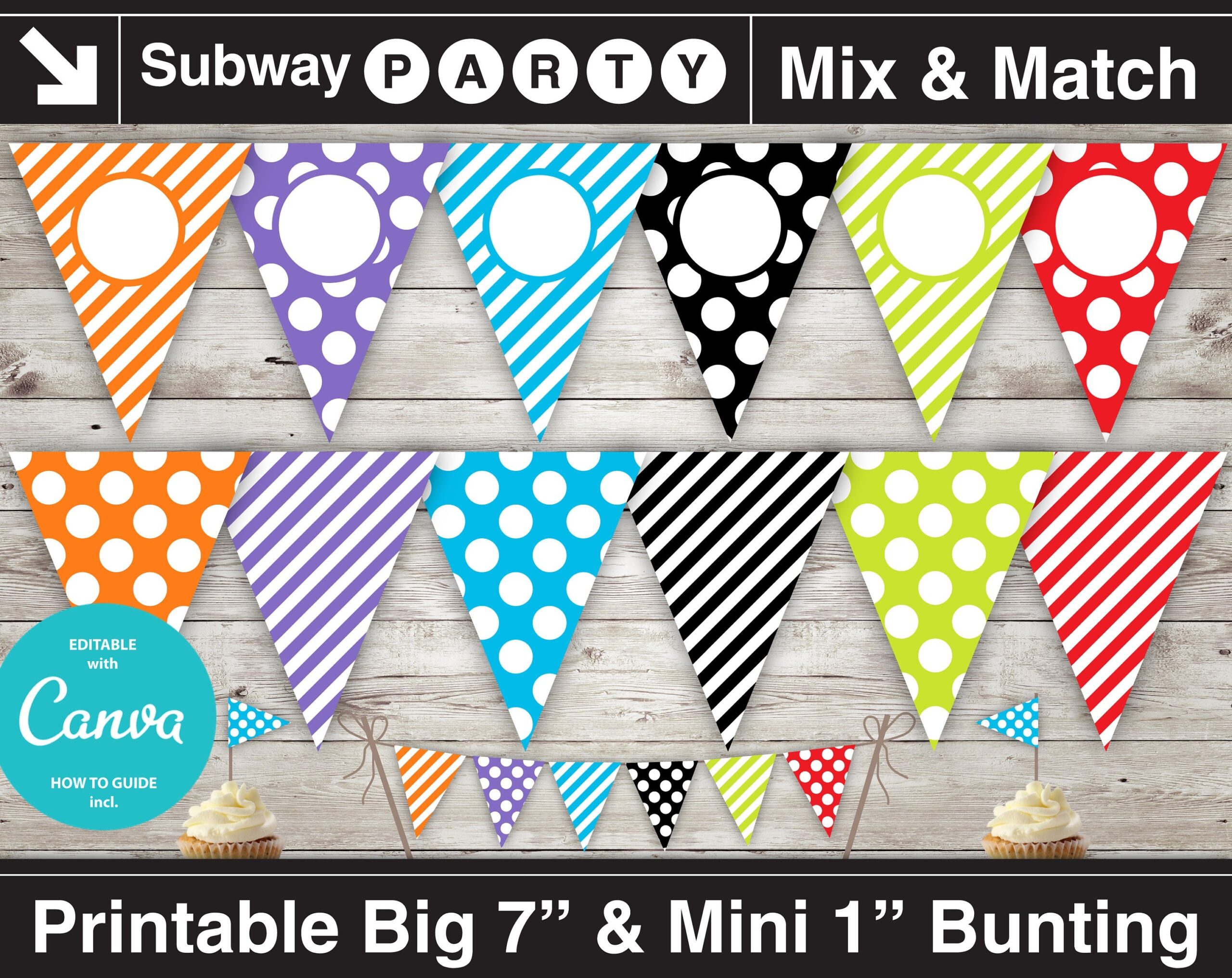 Printable Fun Party Banner And Mini Cake Bunting Multi Color Polka Dots U0026 Candy Stripes DIY Editable Blank Banner INSTANT DOWNLOAD Etsy